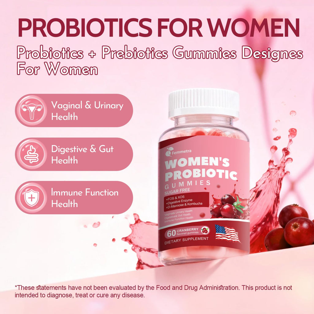 Femmetra 18-in-1 Probiotics for Women with Prebiotics - 200 Billion CFU with Digestive Enzyme, Cranberry, Kombucha - Sugar-Free Vaginal Gummies,