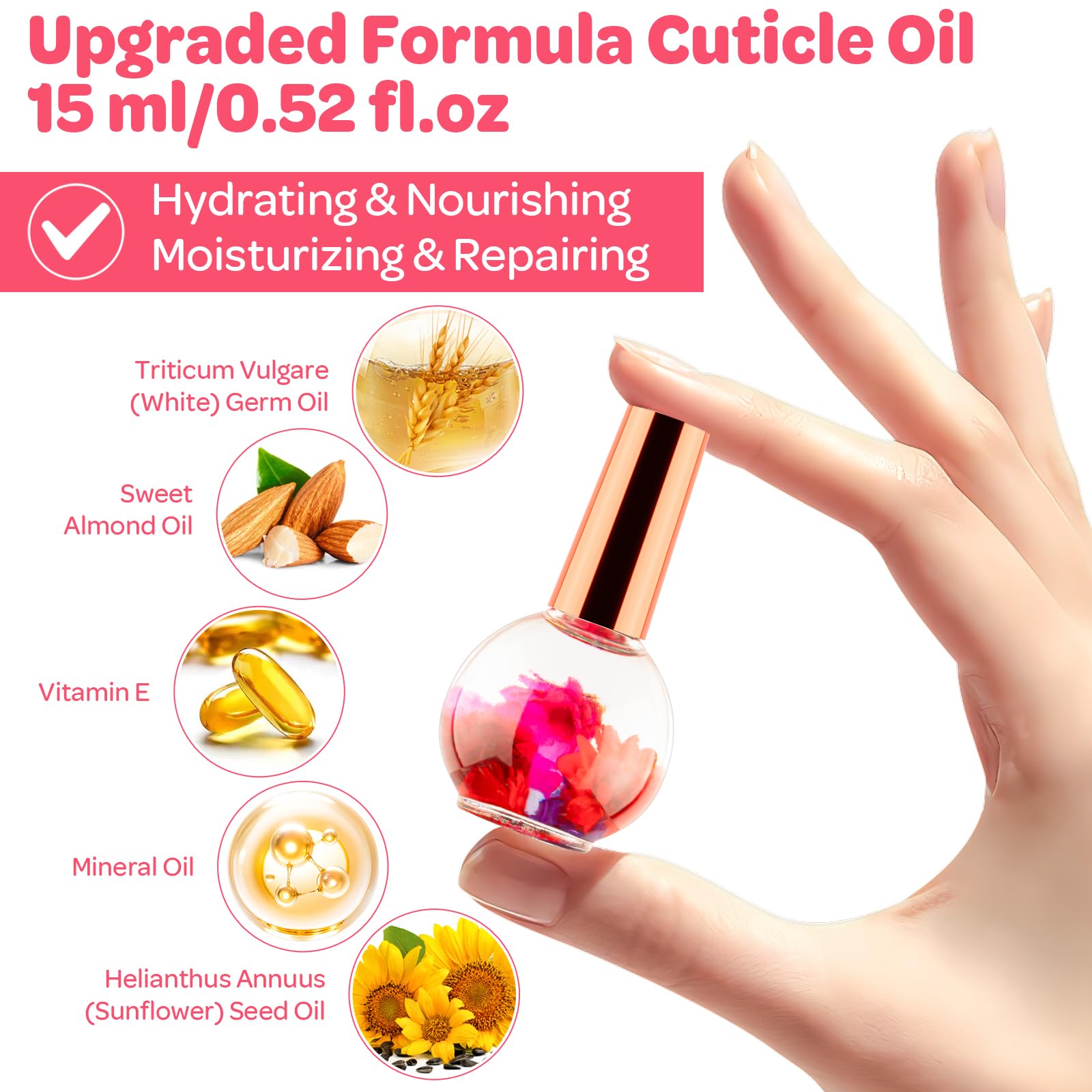 JIASHENG Cuticle Oil, Scented Cuticle Nail Oil Infused with Real Flowers, Hydrates, Moisturizes, Strengthens, Repairs