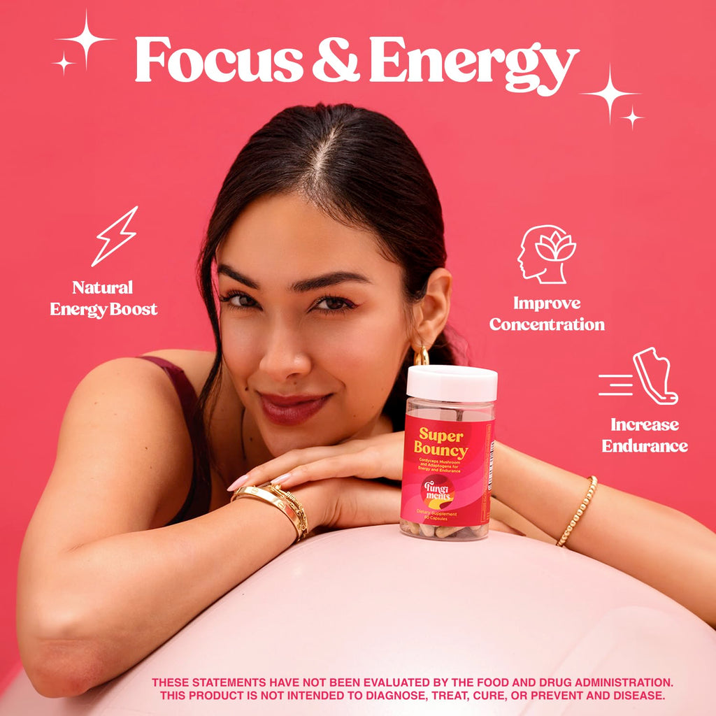 Fungiments Super Bouncy Mushroom Supplement – Cordyceps Focus Capsules for Adults – Natural Brain Boost, Green Tea Energy Vitamins Without jitters, Stamina for Women, Fatigue Support – 60 Count Fungiments Au supplements