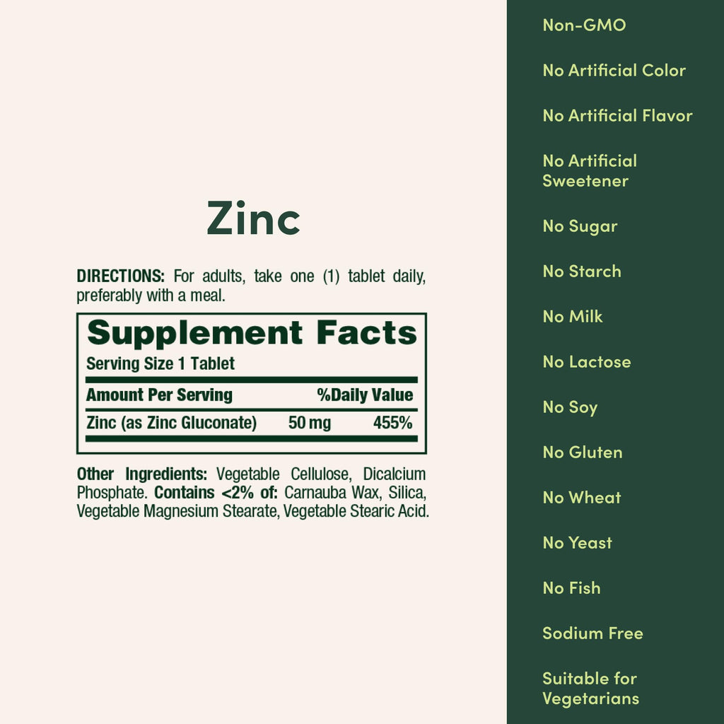 Nature’s Bounty Zinc 50mg, Immune Support & Antioxidant Supplement, Promotes Skin Health, 1 Caplet Per Day, Gluten Free, 250 Vegetarian Caplets