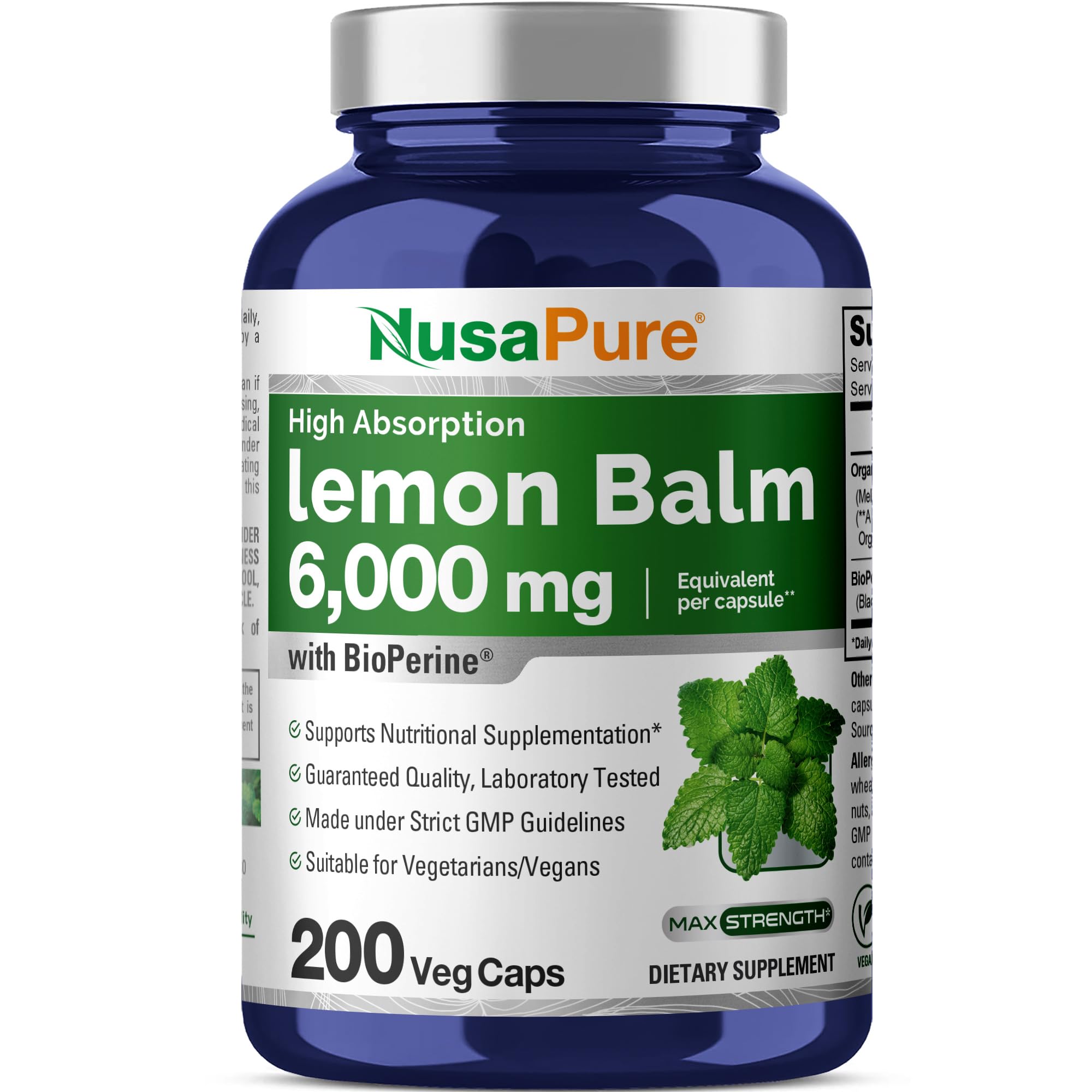 NusaPure Lemon Balm 30:1 Extract, 200 mg Equivalent to 6000mg Per Vegan Caps - 200 Count Non-GMO, Vegan Bioperine NusaPure Au supplements