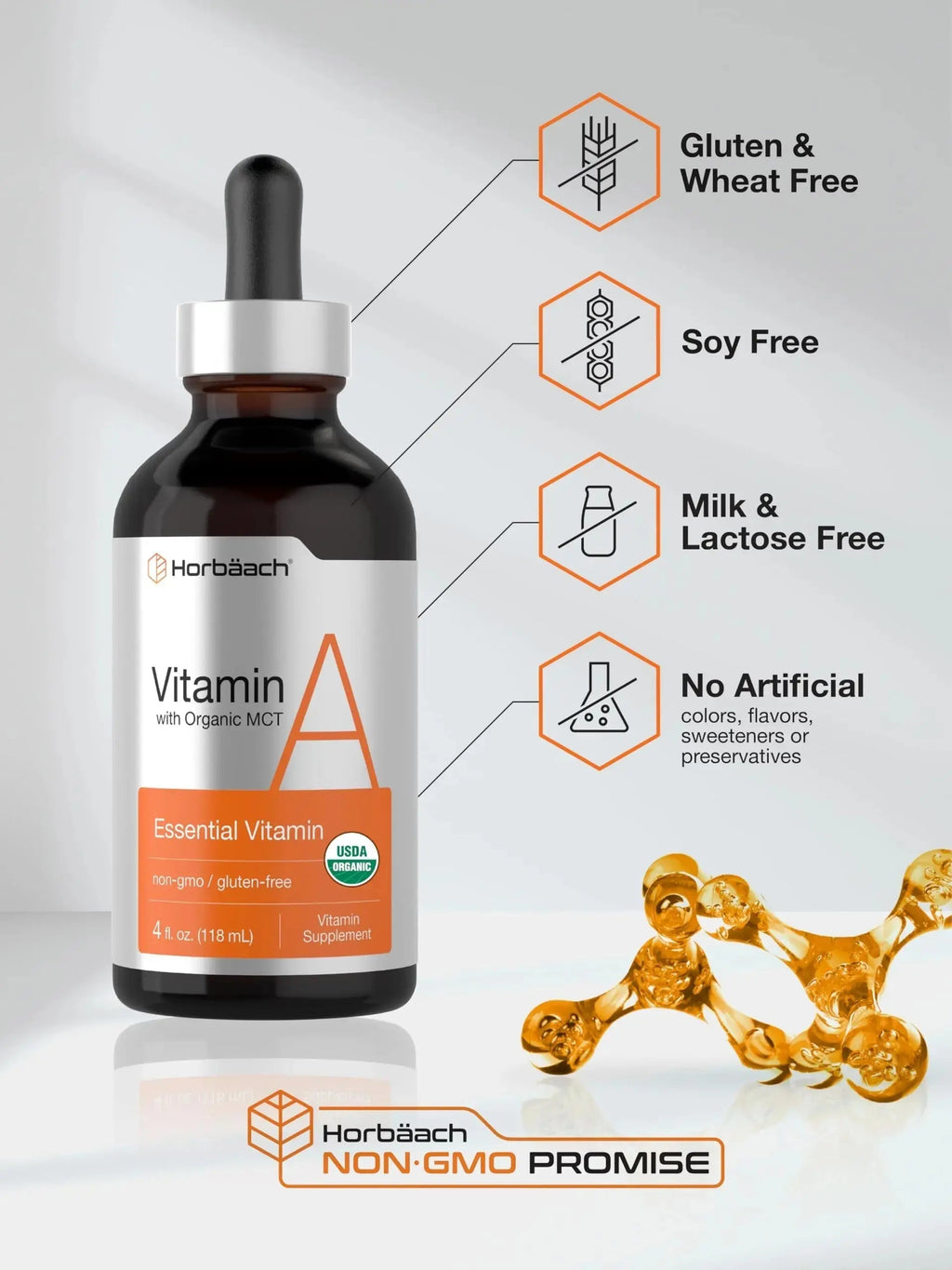 Horbäach Vitamin A Liquid | 4 fl oz | Supplement with Organic Fractionated Coconut Oil | Non-GMO, Gluten Free Horbäach Au supplements