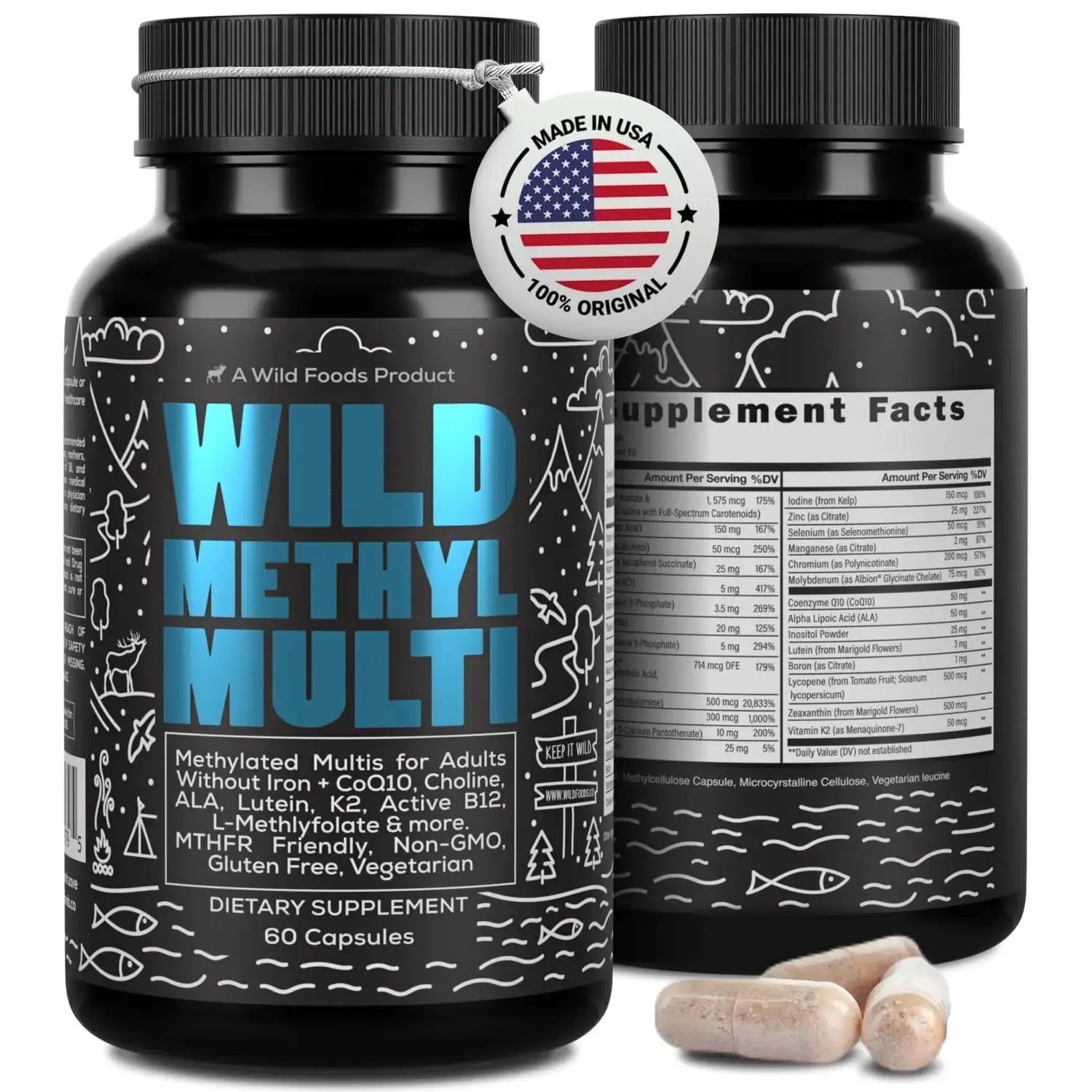 Wild Methylated Multivitamin for Women & Men | Daily Multi Vitamin | MTHFR Supplement Without Iron | Methylated B12, Folate, Vitamin C, A, K2, D, E Wild Foods Au supplements