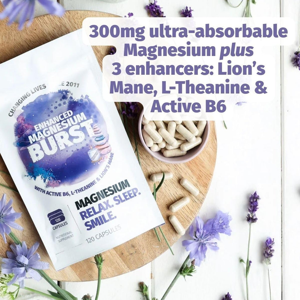 Enhanced Magnesium (Capsules) | Precise 300mg per Serving | Enhancement Blend: Organic Lion's Mane Extract, L-theanine, Active Vitamin B6 | 120 Capsules - by Organic Burst Organic Burst Au supplements