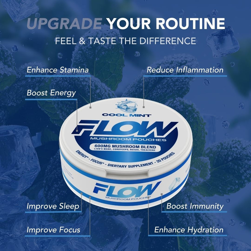 Flow Pouches Mushroom Nootropic Pouches - 600mg Organic Mushroom Energy Ultra Pouches with Lion's Mane, Reishi, Cordyceps for Focus & Clean Energy - Zero Caffeine or Sugar (5 Can Pack, Cool Mint) Flow Pouches Au supplements