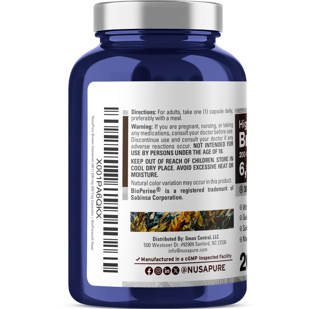 NusaPure Brown Seaweed 30:1 Extract, 200 mg Equivalent to 6,000 mg 200 Veggie Capsules - (Vegan, Non-GMO Bioperine) NusaPure Au supplements
