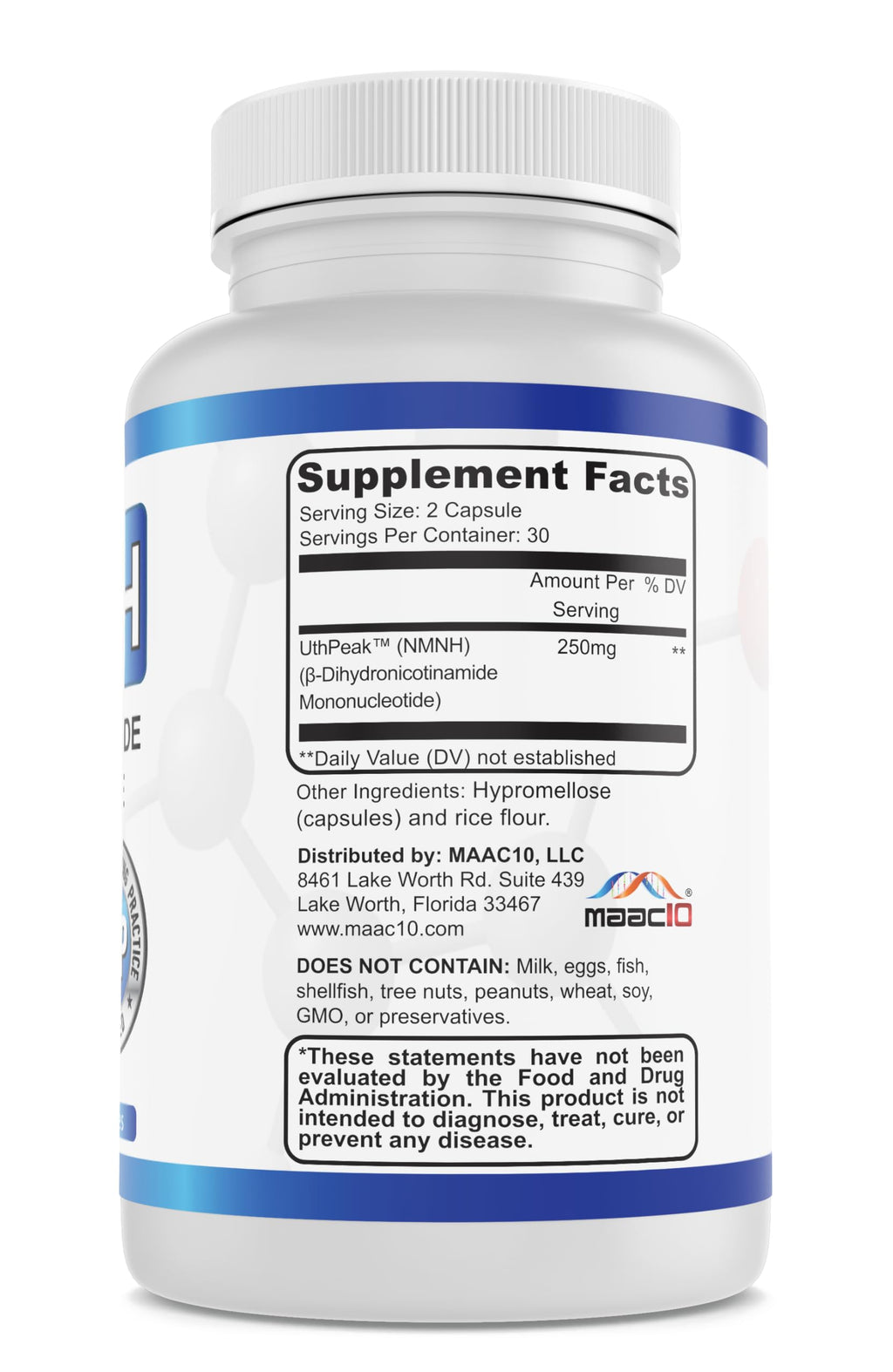 MAAC10 NMNH (NMN Supplement Alternative) 250mg Serving | Uthpeak™ NMNH (Dihydronicotinamide Mononucleotide) for Better Stability | 30-Day Supply. MAAC10 Au supplements