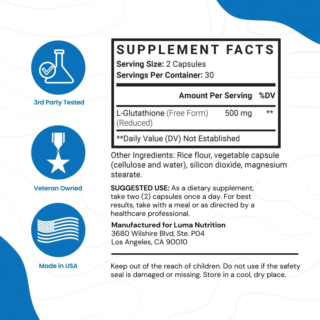 Premium Glutathione - Reduced Glutathione 500mg - Glutathione Supplement - L-Glutathione Luma Nutrition Au supplements