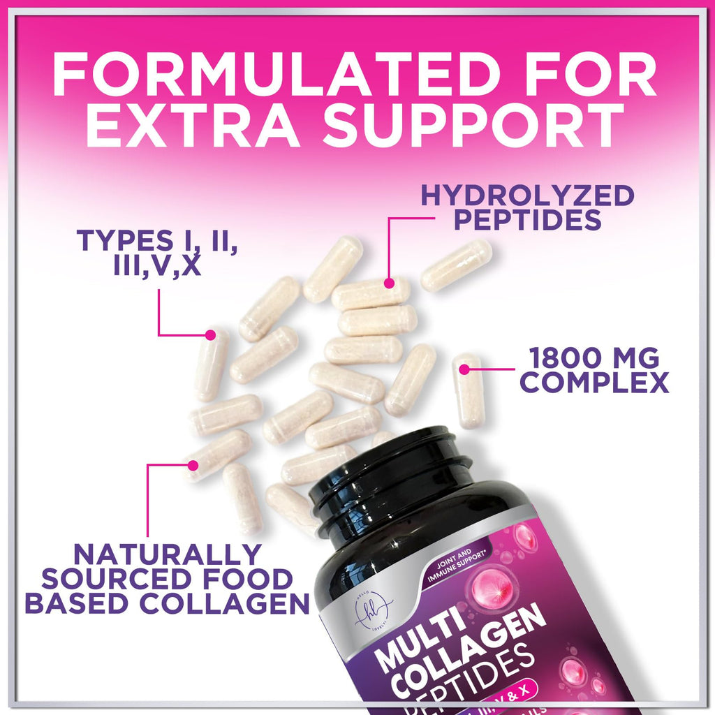Multi Collagen Supplement 2400 mg - Types I, II, III, V & X Multi Collagen Peptides Pills for Women & Men, Hydrolyzed Collagen Supplements, Hair, Skin, Nail, & Joint Support Supplement, 60 Capsules Hello Lovely! Au supplements