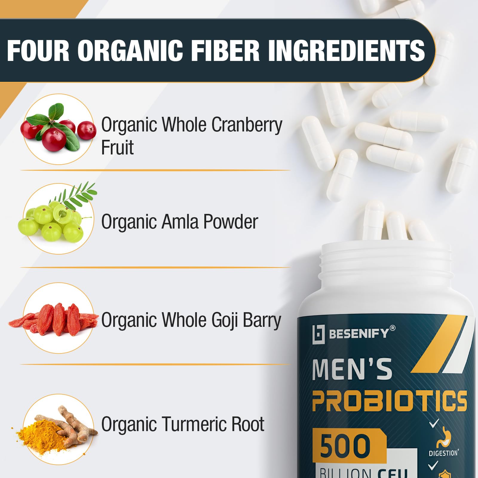 Probiotics for Men, 500 Billion CFUs & 12 Strains, Men's Probiotic with Turmeric, Cranberry, Goji - Probiotics for Digestive Health, Immune, Stomach,