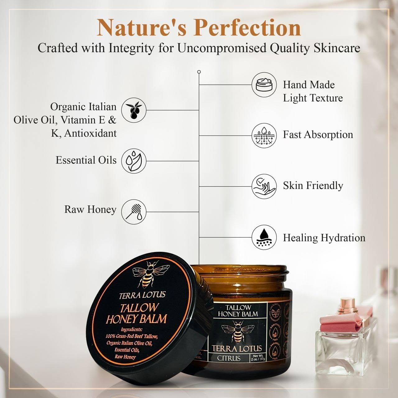 Terra Lotus - Organic Grass-Fed Beef Tallow Balm with Raw Honey - Moisturizing Cream