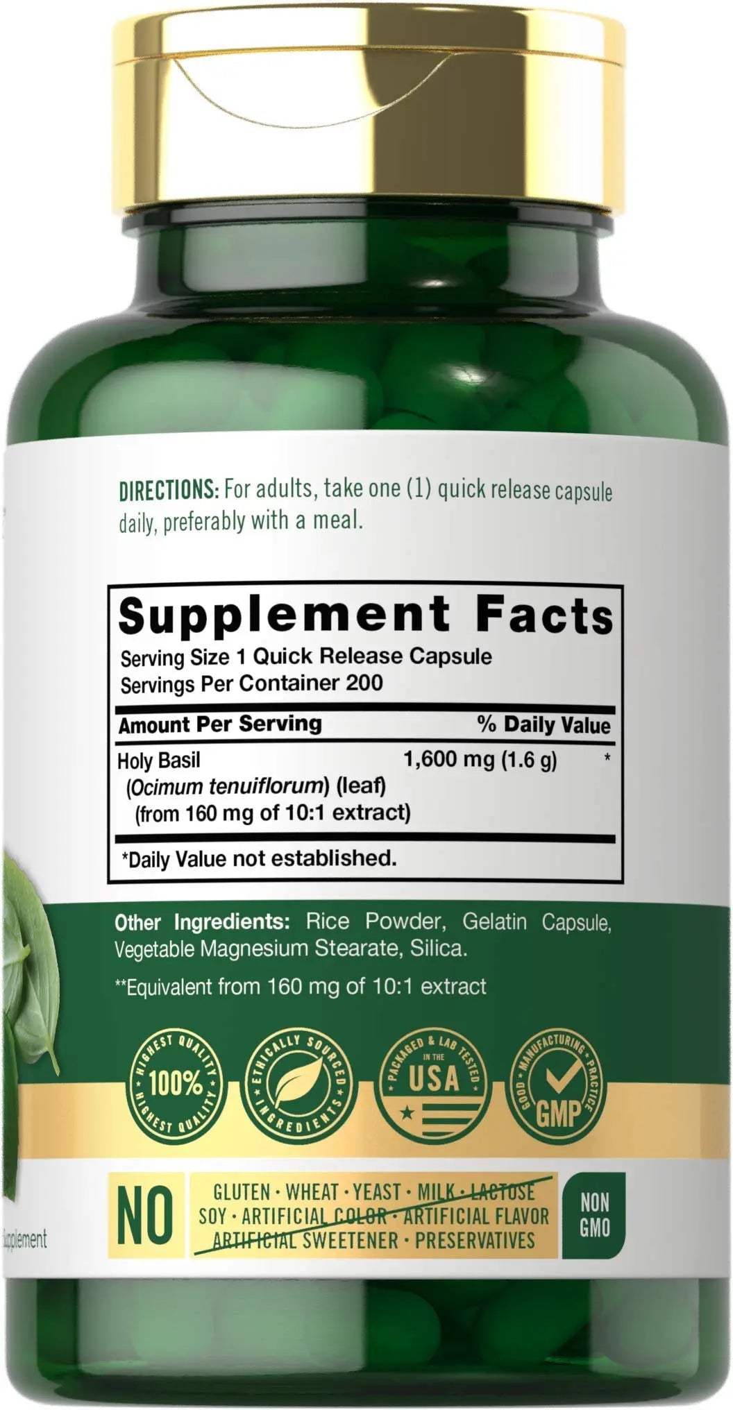 Carlyle Holy Basil Capsules 1600 mg | 200 Count | Tulsi Holy Basil Leaf Extract | Herbal Carlyle Au supplements