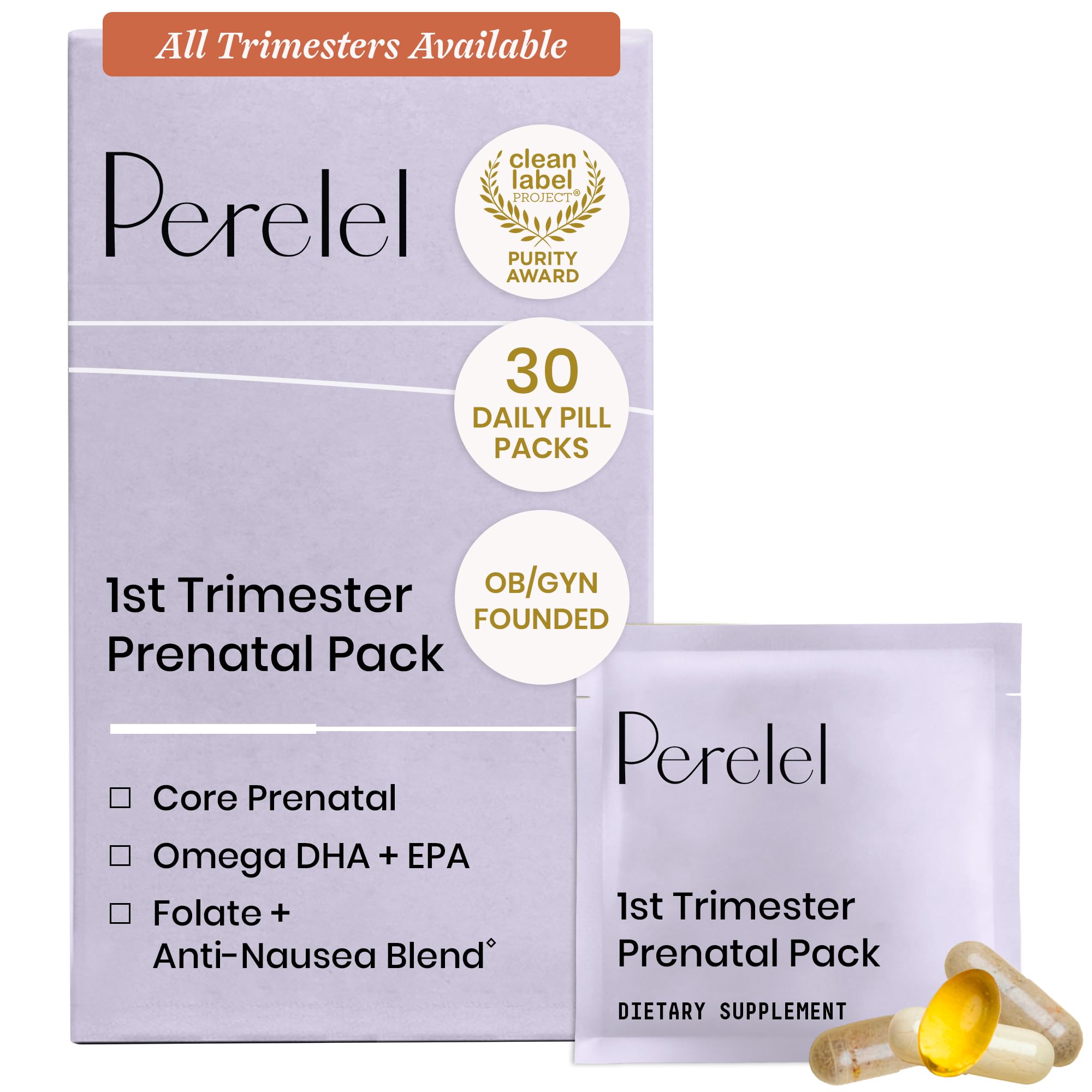 Perelel 1st Trimester Prenatal Pack, Multivitamin with Folate, Vitamin D, Omega 3, Iron & Ginger, Nutritional Support for Early Pregnancy