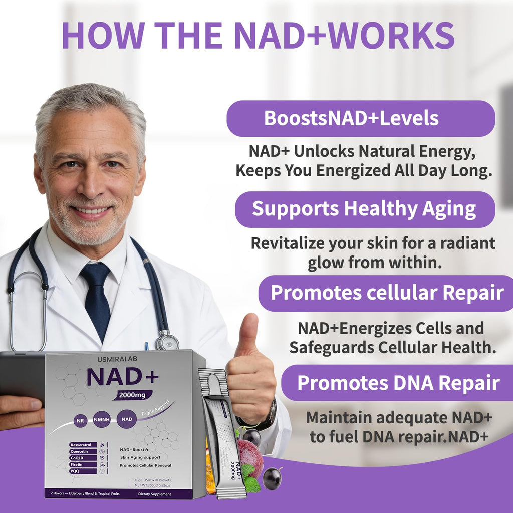 NAD+ Supplement Packets | 1000mg Liquid | Advanced Nicotinamide Riboside, Trans-Resveratrol, PQQ & Quercetin Complex for Cellular Energy & Healthy Aging Support - 2 Flavors (30 Count) USMIRALAB Au supplements