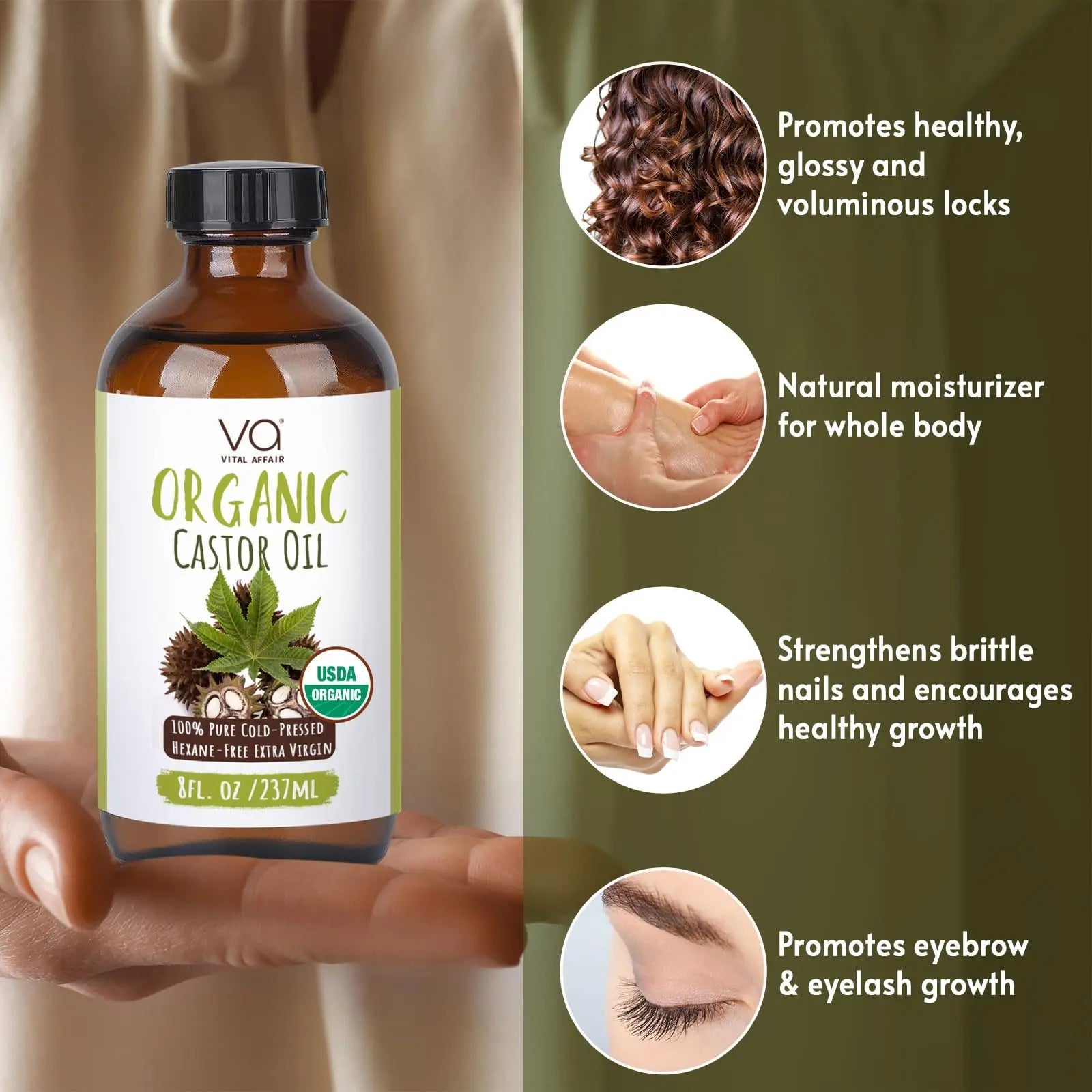 VITAL AFFAIR Castor Oil Organic Cold Pressed Unrefined Glass Bottle- USDA Certified Organic Castor Oil VITAL AFFAIR Au supplements