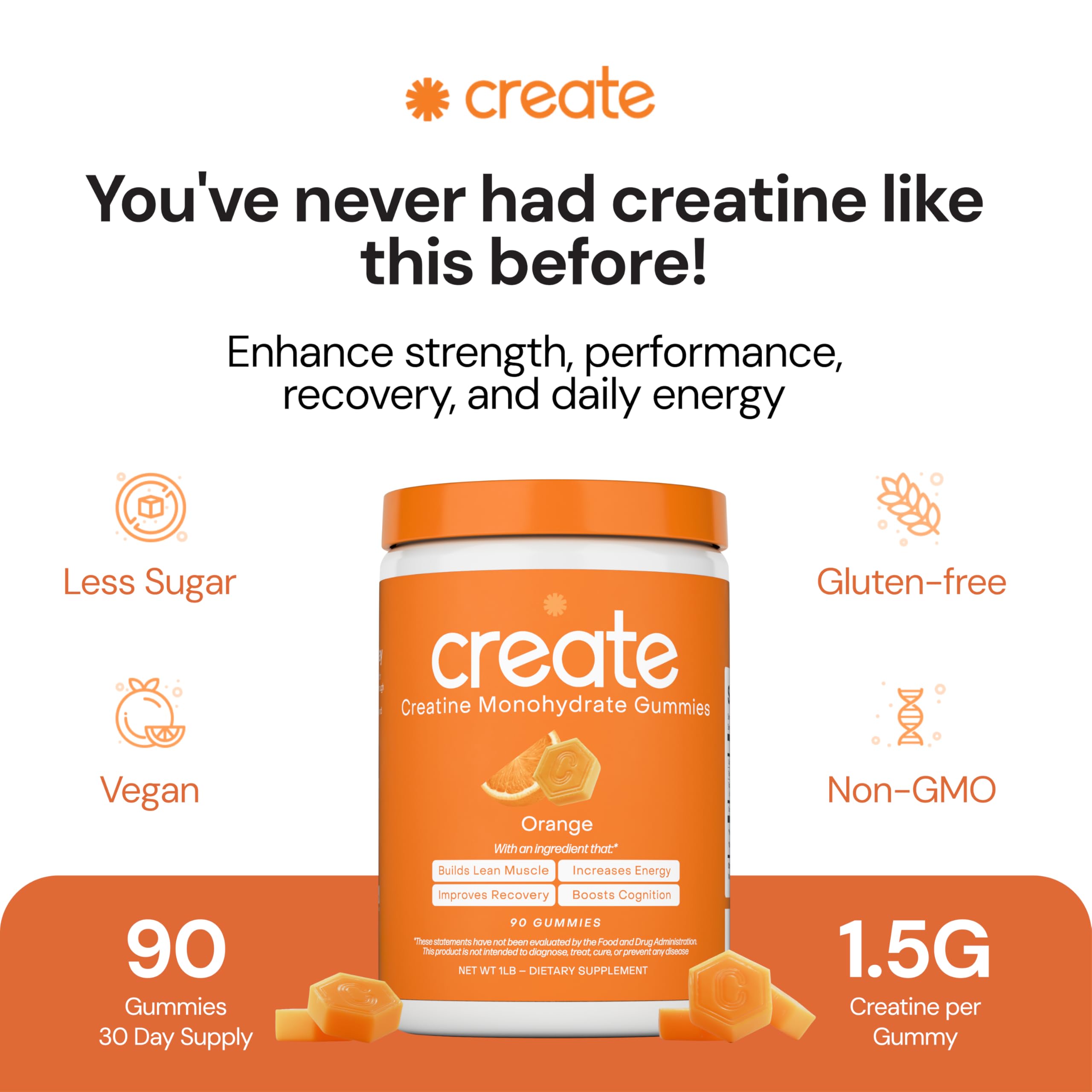 Create Creatine Monohydrate Gummies for Men & Women, Boost Focus, Strength, and Endurance, Anti-Melting Formula, Vegan, Gluten-Free, Non-GMO, 1.5g of Creatine per Gummy (Orange) Create Au supplements