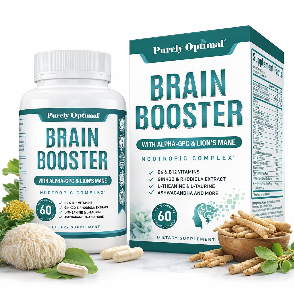Purely Optimal Brain Booster Nootropic Supplement – Brain Support for Memory, Focus, Clarity, Jitter-Free Energy for Adults, Seniors– with Ginkgo Biloba, Alpha GPC, Lion’s Mane – 60 Capsules Purely Optimal Au supplements