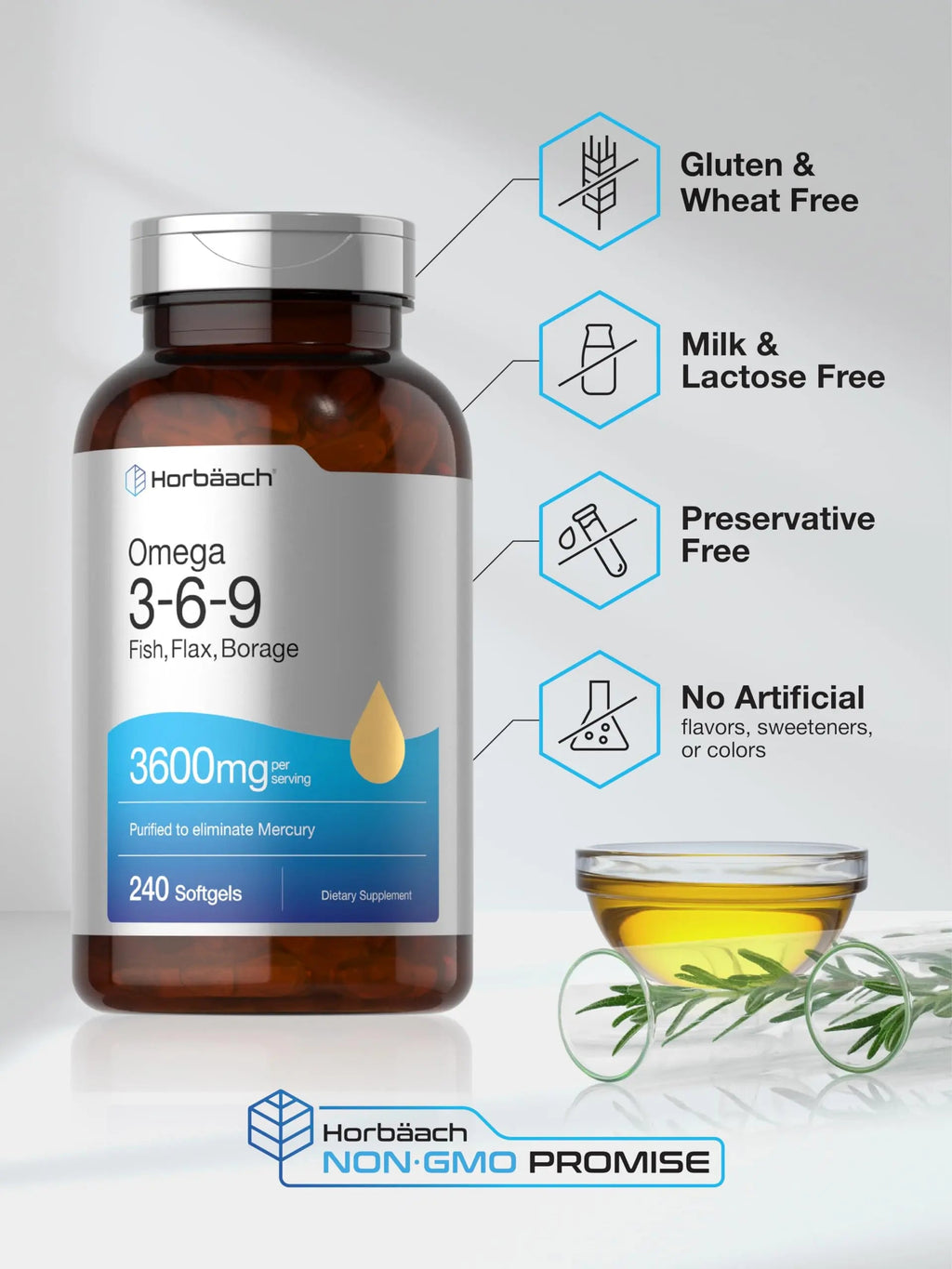Triple Omega 3-6-9 240 Softgels | from Fish, Flaxseed, Borage Oils | Non-GMO & Gluten Horbäach Au supplements