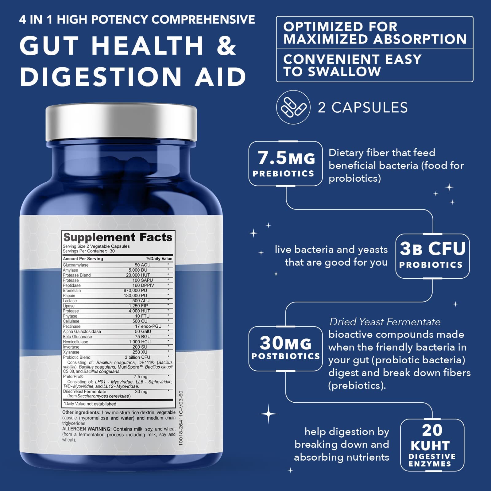 4-in-1 Gut Health Support – Prebiotics + Probiotics + Postbiotics + Digestive Enzymes – DE111 Spore Probiotic for Digestive Support & Bloating