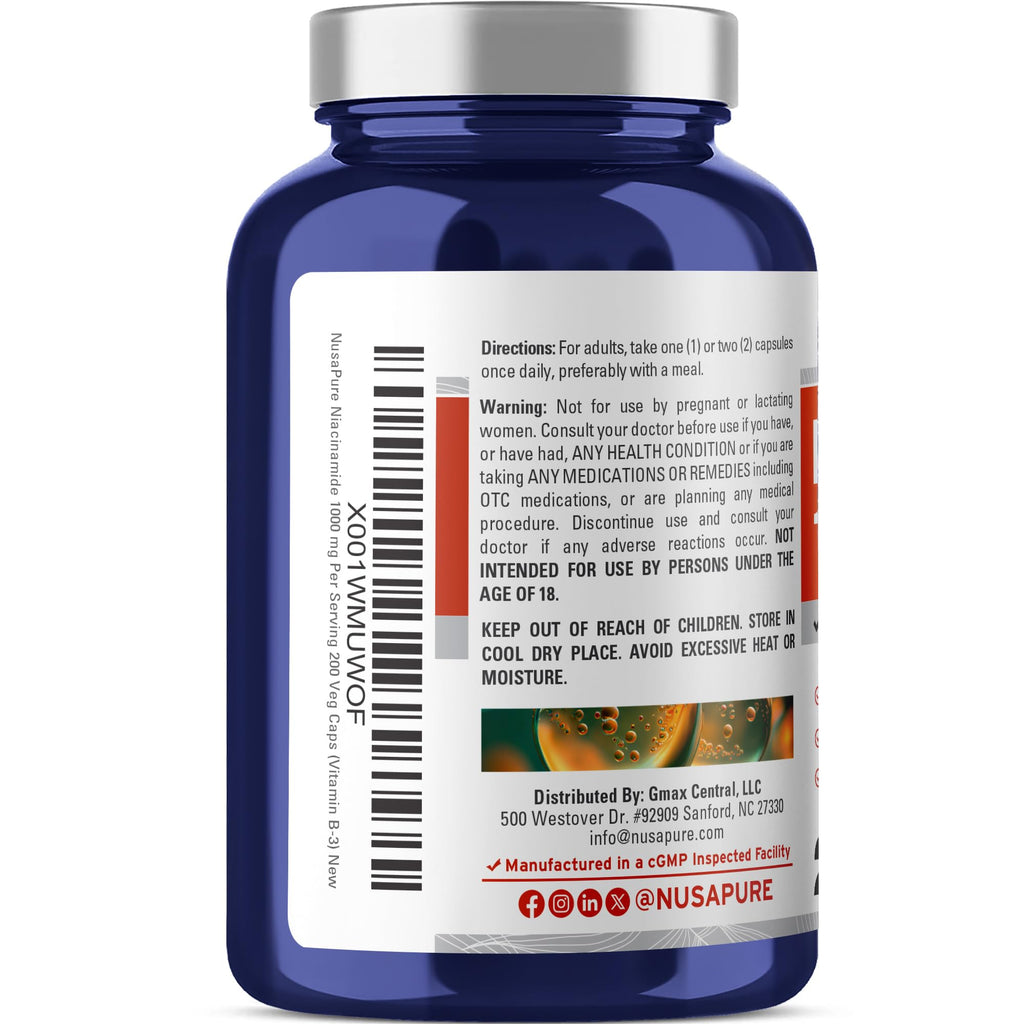 NusaPure Niacinamide 1000mg 200 Veggie Capsules (Non-GMO, Vegan) Flush Free NusaPure Au supplements