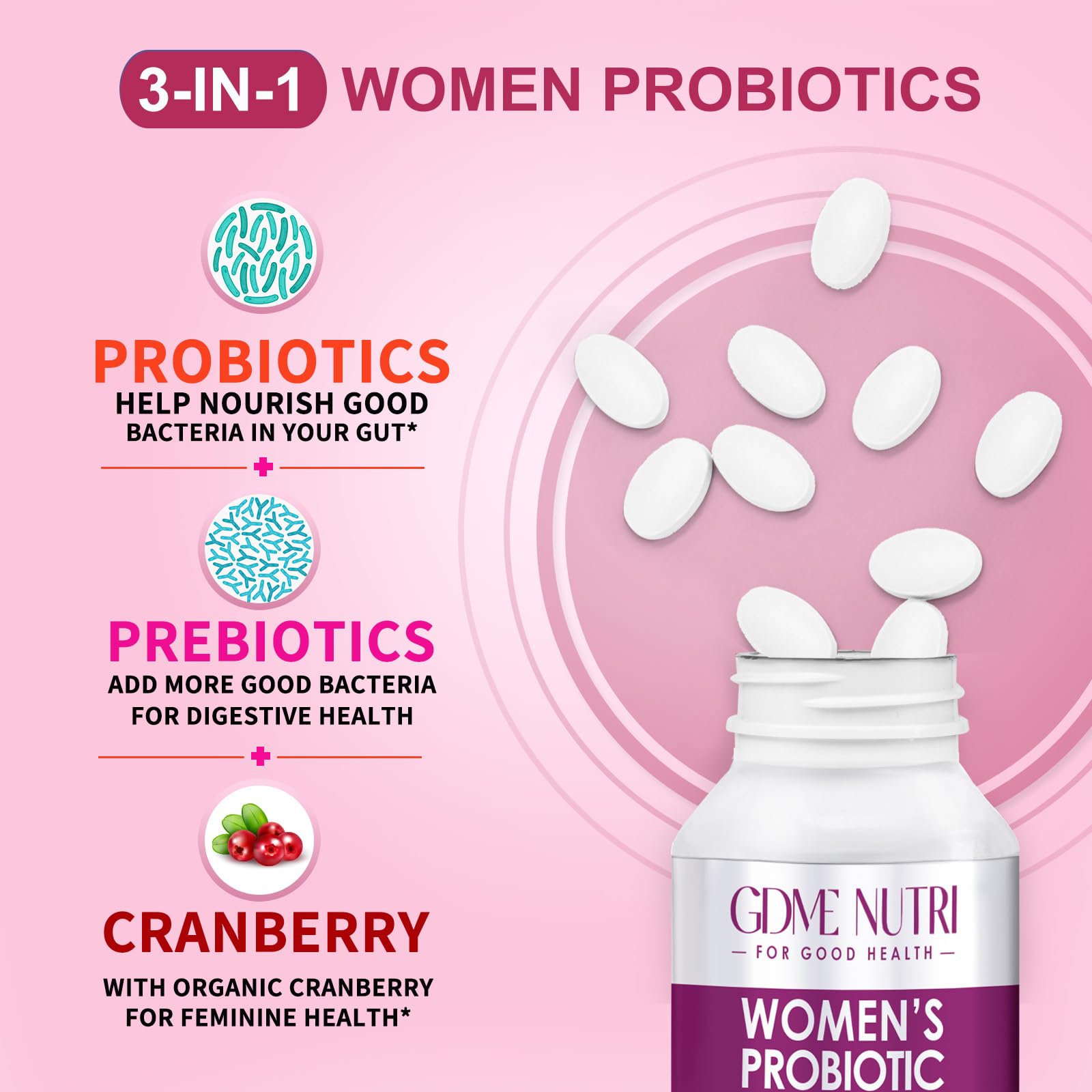 GDMENUTRI Women's Probiotics, 120 Tablets 120 Billion CFU 18 Strains, Contains Organic Prebiotic Cranberry, Probiotic Supplement for Digestion,