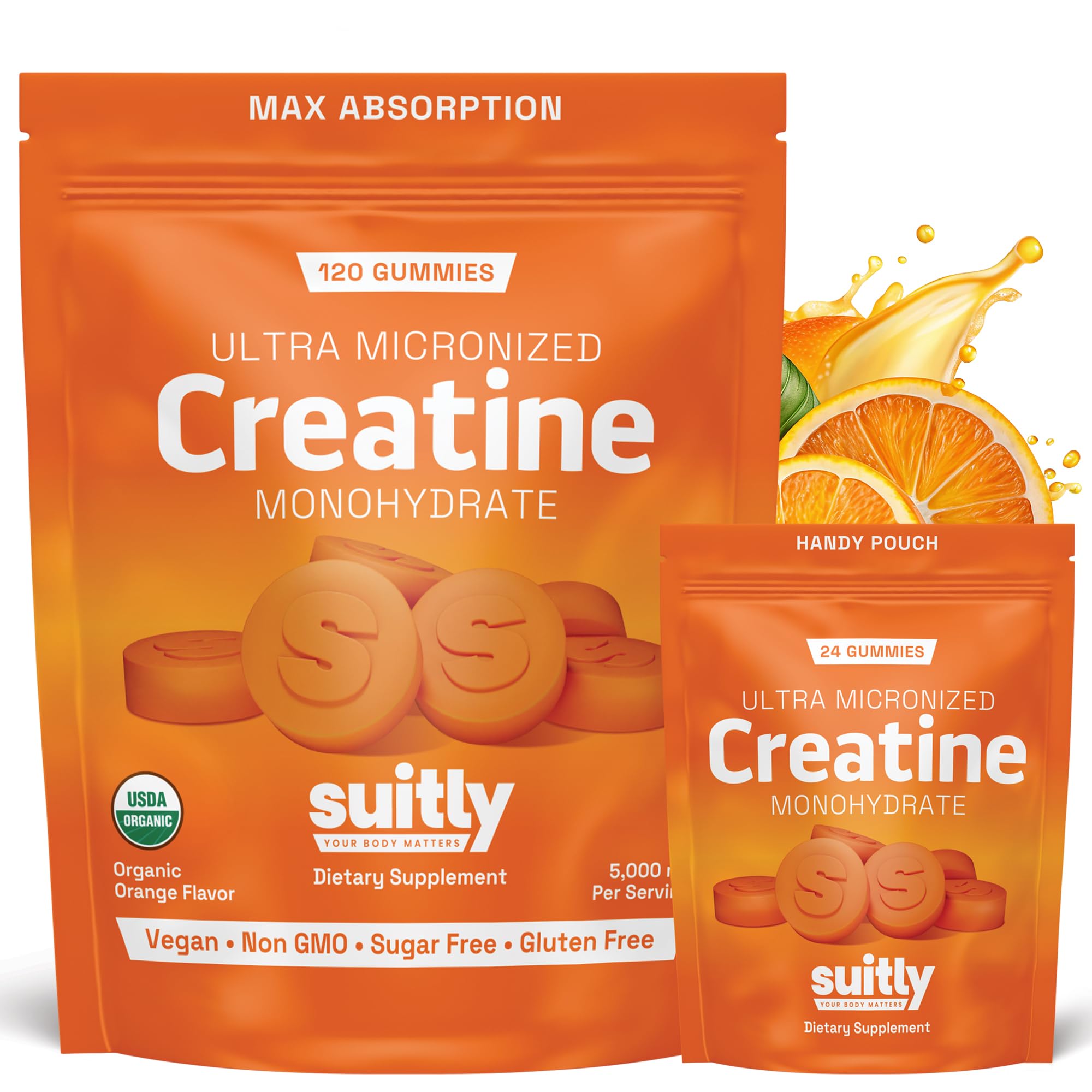 USDA Organic Ultra-Micronized Creatine Gummies for Men & Women; Orange Max Absorption 5g Creatine Gummies Sugar Free for Muscle Gain, Energy & Recovery; Muscle Builder for Women with Pouch - 120 Count Suitly Au supplements