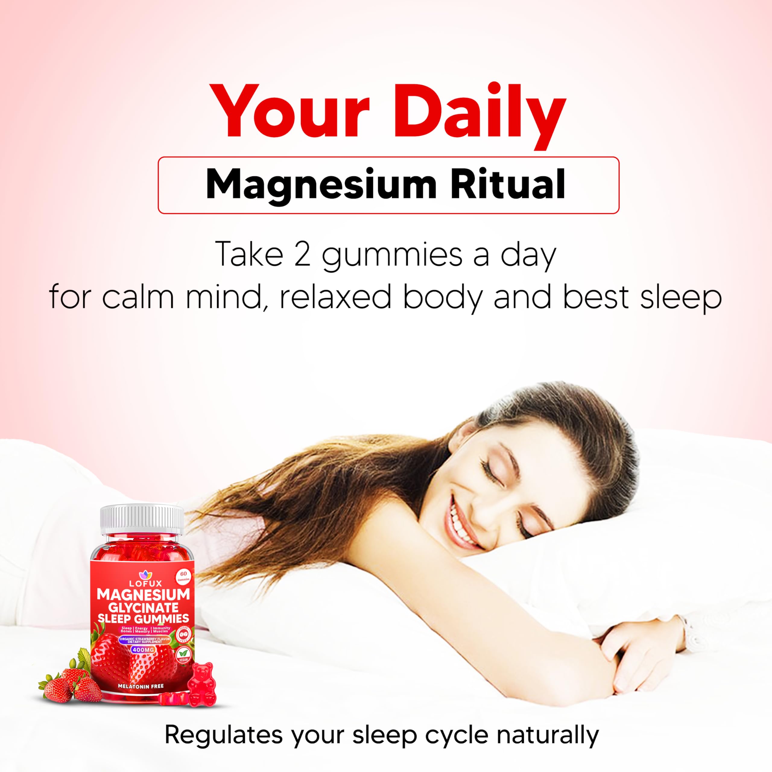 Lofux Magnesium Glycinate Gummies 400mg, Sugar Free Magnesium Gummies for Adults Women, Men, Chewable Supplement Gummy with L-Threonate, Vitamin D, B6, CoQ10
