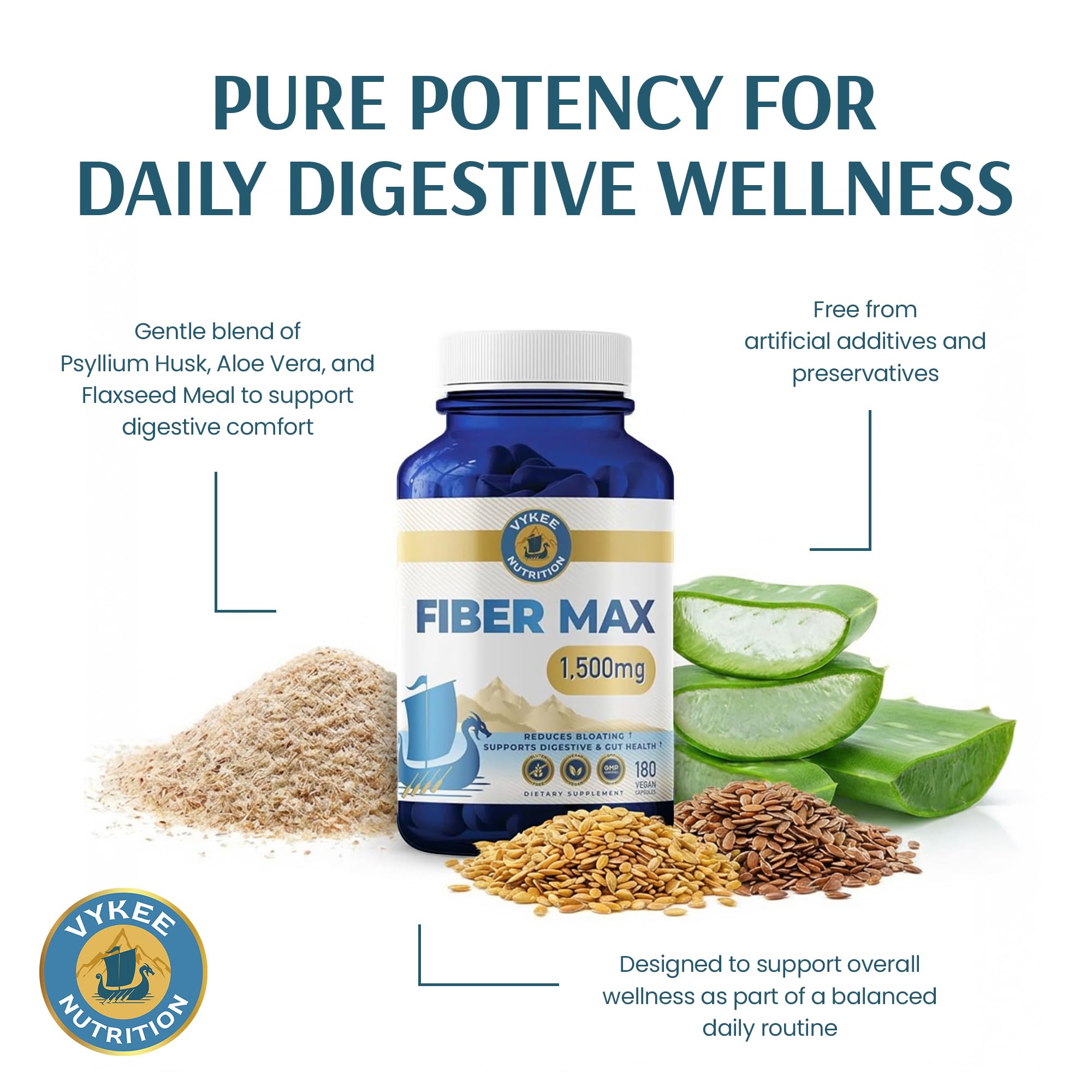 Vykee Nutrition Advanced Fiber Complex – Psyllium Husk, Aloe Vera, Chia & Flax Seed | Vegan, Non-GMO | Supports Digestive Health, Regularity & Gut Wellness | 180 Capsules