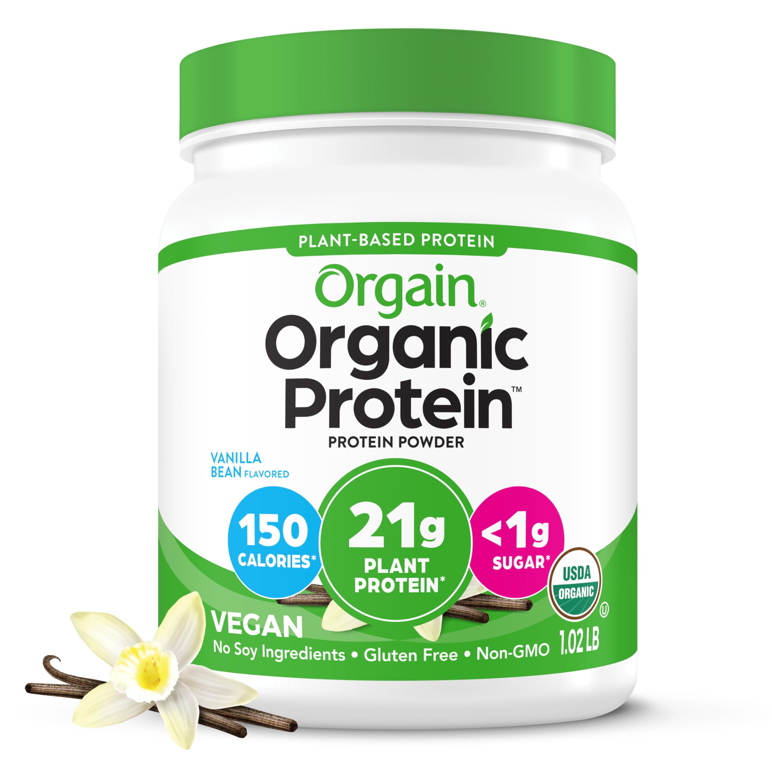 Orgain Organic Vegan Protein Powder, Vanilla Bean - 21g Plant Based Protein, 4g Prebiotic Fiber, No Lactose Ingredients, No Added Sugar, Non-GMO, For Shakes & Smoothies