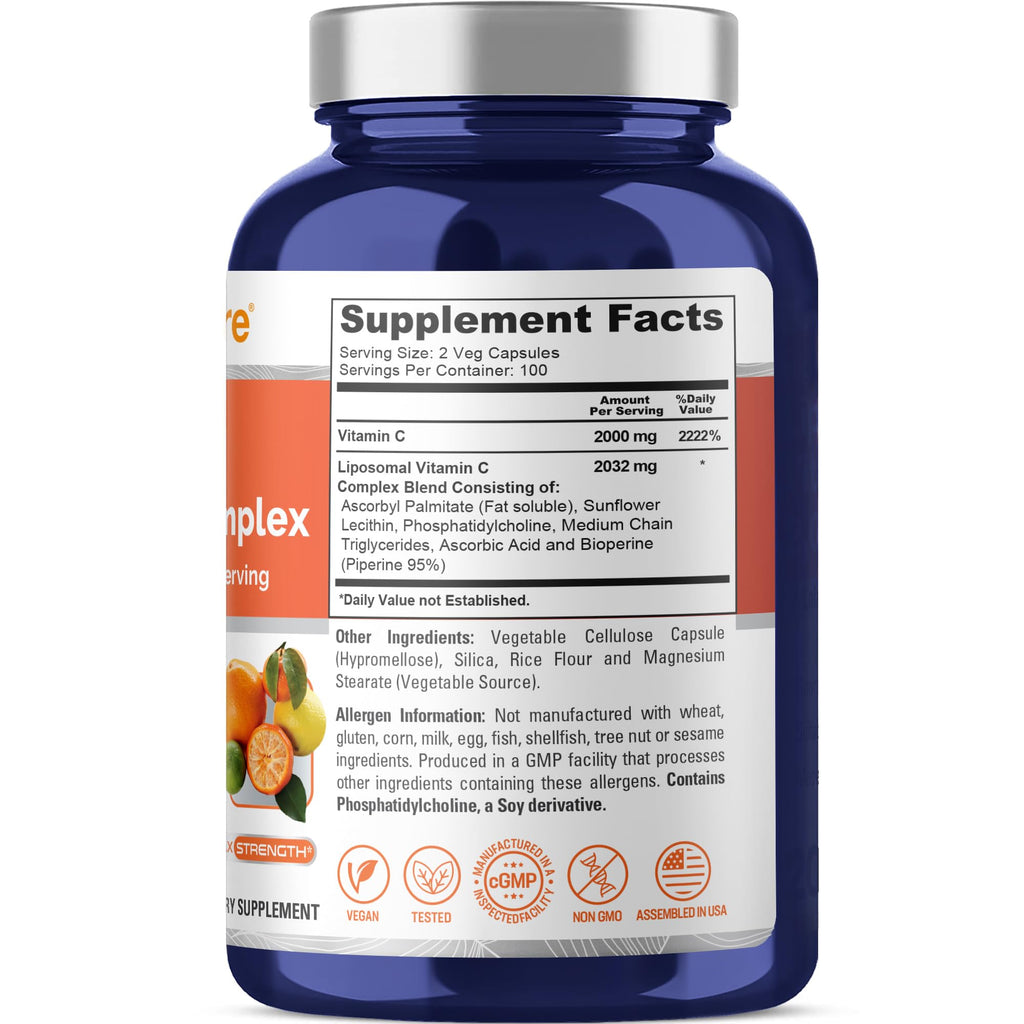 NusaPure Liposomal Vitamin C 2032mg - 200 Veggie Vegan Capsules, BioPerine - High Absorption Ascorbic Acid NusaPure Au supplements