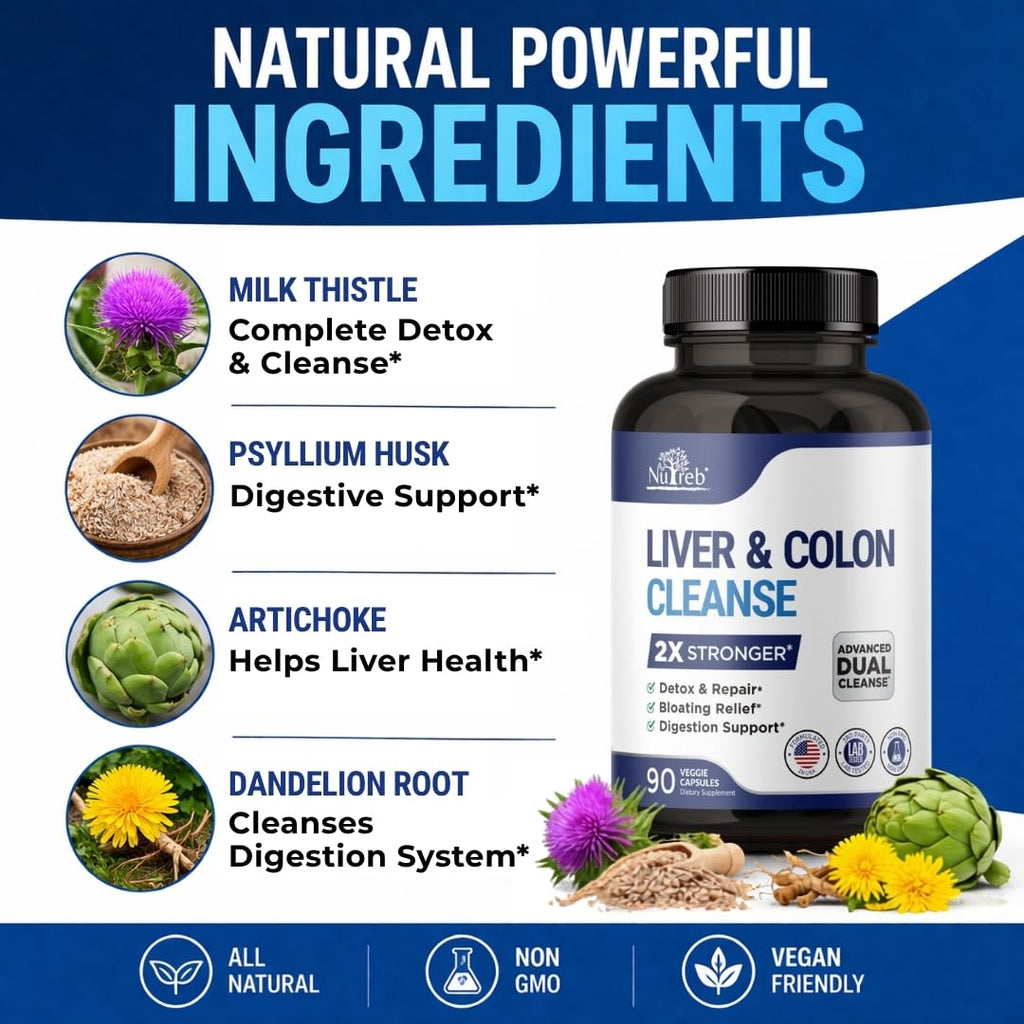 Nutreb Liver & Colon Cleanse - 2X Stronger - Liver Cleanse Detox & Repair - Colon Cleanser & Detox - Premium Milk Thistle Supplement