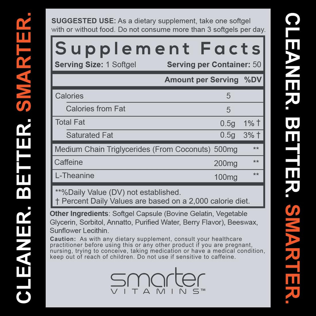 SmarterVitamins 200mg Caffeine Pills - MCT Oil from 100% Coconuts + 100mg L-Theanine, Energy and Focus