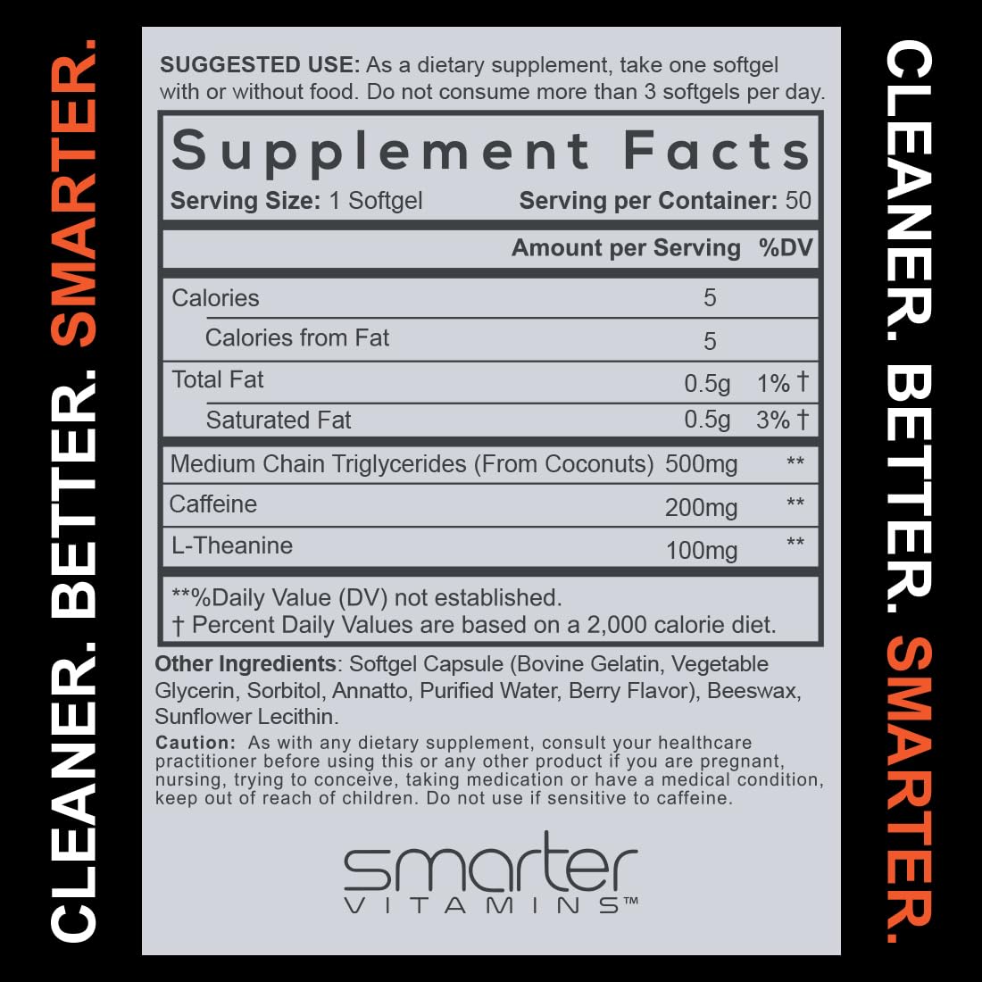 SmarterVitamins 200mg Caffeine Pills - MCT Oil from 100% Coconuts + 100mg L-Theanine, Energy and Focus