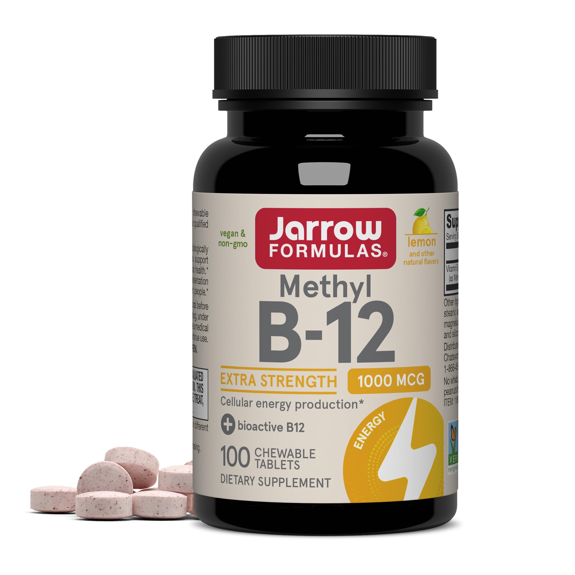 Jarrow Formulas Methyl Vitamin B-12 1000 mcg, 100 Chewable Tablets, Lemon Flavored- Bioactive B12 Vitamin - Supports Cellular Energy Production