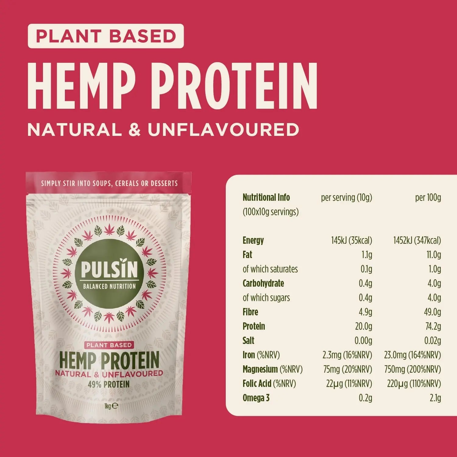 Pulsin - Natural Unflavoured Vegan Hemp Protein Powder - 1kg - 4.9g Protein, 0.4g Carbs, 35 Kcal Per Serving Pulsin Au supplements
