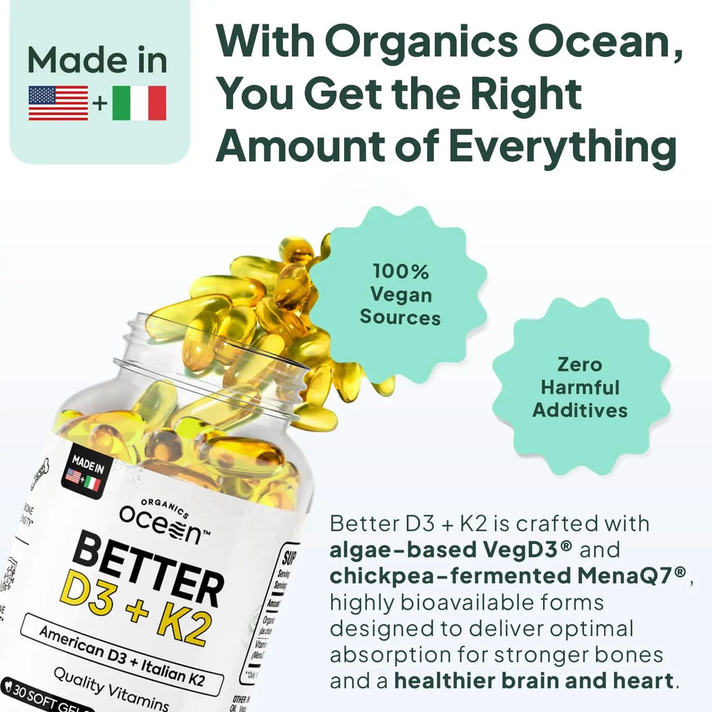 Organics Ocean Better D3 + K2-100% Organic VIT D3 and K2 Supplements with Maximum Bioavailability - Supports Bone Density, Calcium Balance Organics Ocean Au supplements