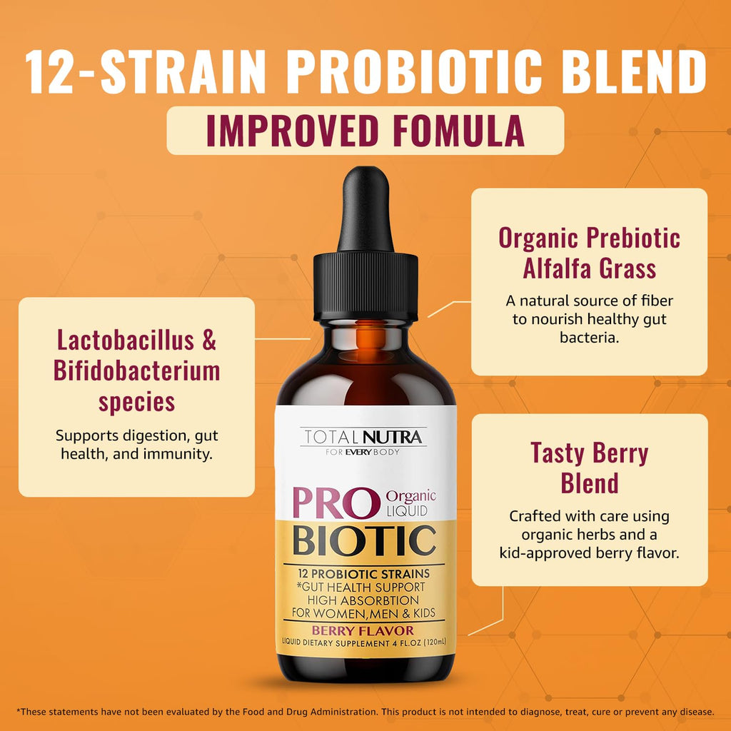 Total Nutra USDA Organic Liquid Probiotic for Kids, Women & Men, Toddler Probiotic Drops with Alfalfa Prebiotic Blend + Acidophilus for Gut Health, Vegan