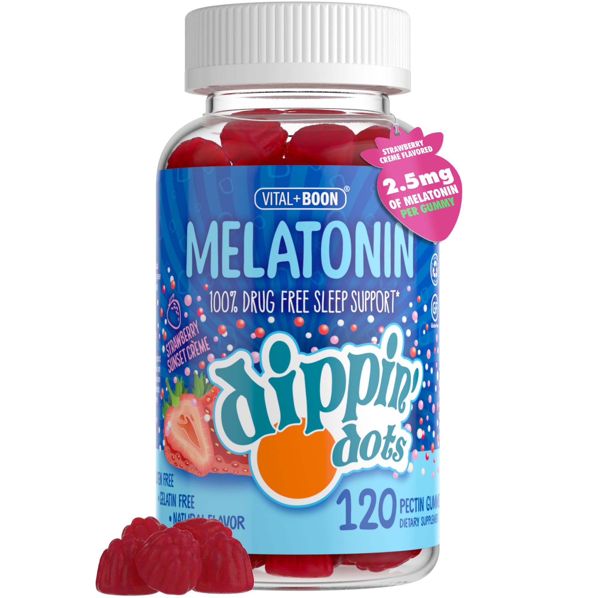 Dippin Dots - Melatonin Gummies for Kids & Adults (60 Days Supply) Strawberry Sunset Creme Flavor | 2.5mg Per Kids Melatonin Supplement for Faster,
