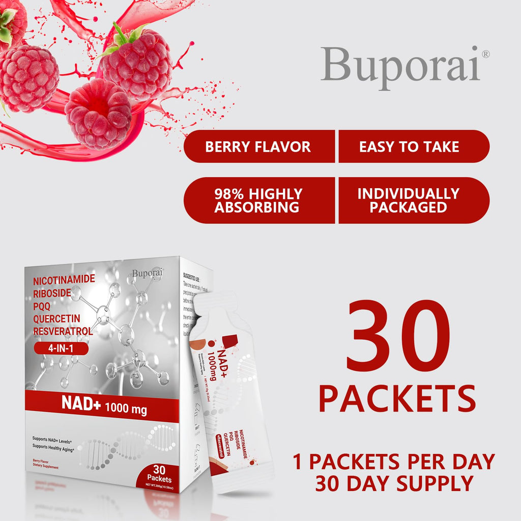 Buporai NAD Supplement 1000 mg Liquid Packets - NAD Supplements for Women & Men with Nicotinamide Riboside, Resveratrol, PQQ, Quercetin - NMNH Supplement Alternative for Anti-Aging, Energy-30 Packets Buporai Au supplements