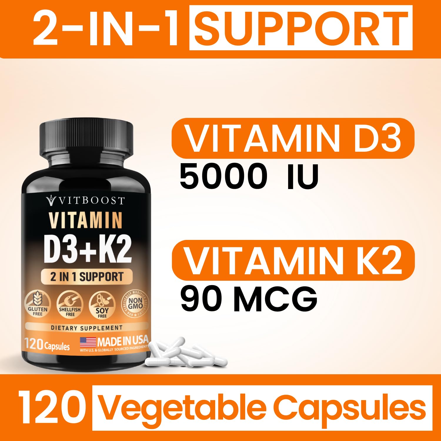 VITBOOST Vitamin D3 K2 Complex - Easy to Swallow - Vitamin D (D3) 5000 IU (125 mcg) & K2(MK-7) 90 mcg | Non-GMO | Gluten-Free