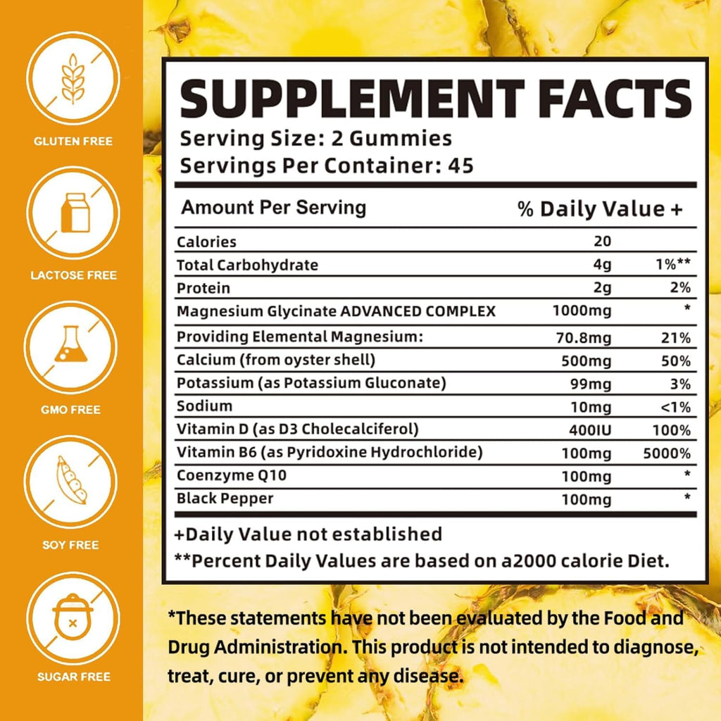 Magnesium Glycinate Gummies 1000mg with Magnesium L-Threonate,Chelated Magnesium Potassium Complex Supplement with VitD, B6, CoQ10, Calcium,Supports for Memory, Calm,