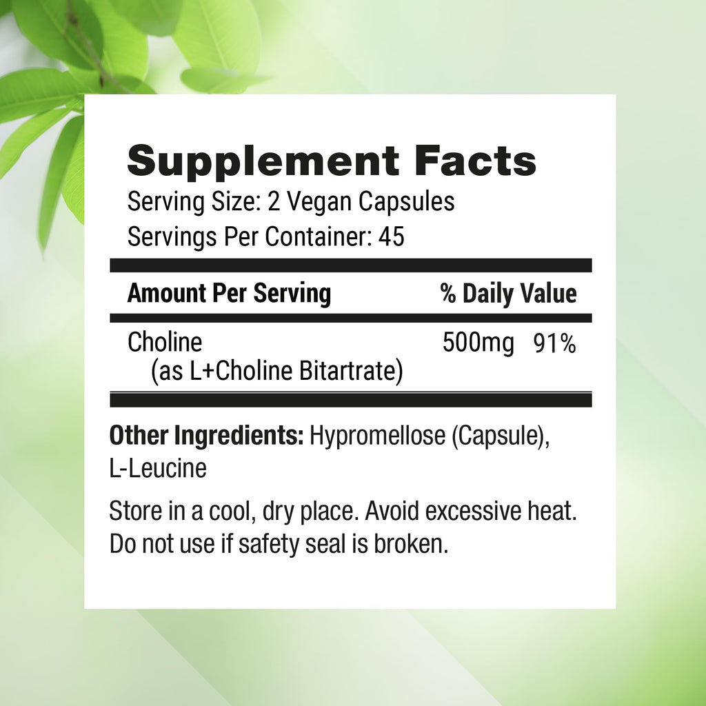 Nested Naturals Choline Bitartrate 500mg Per Serving - High Potency Choline Supplements - Supports Cognitive Performance & Liver Function -