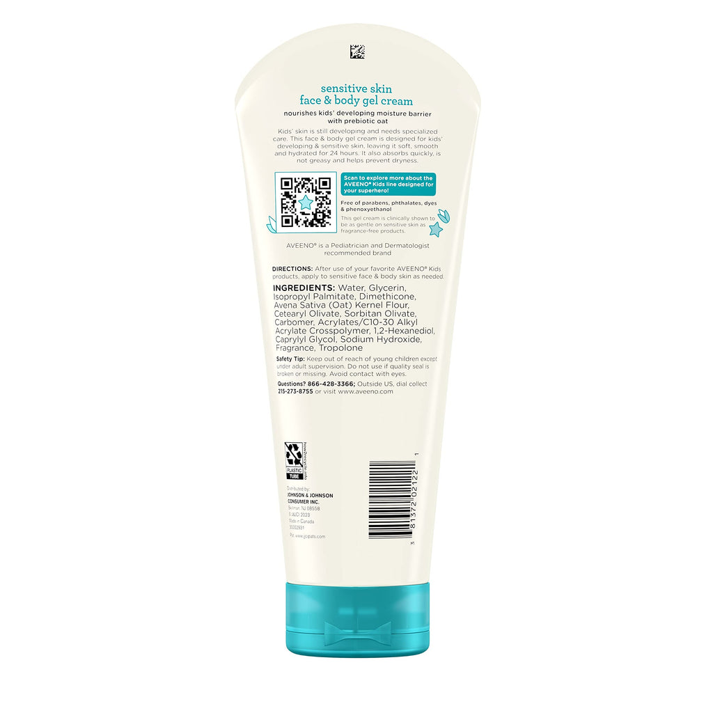 Aveeno Sensitive Skin Face & Body Gel Cream for Kids with Prebiotic Oat, Clinically Proven 24 Hour Hydration for Soft Skin
