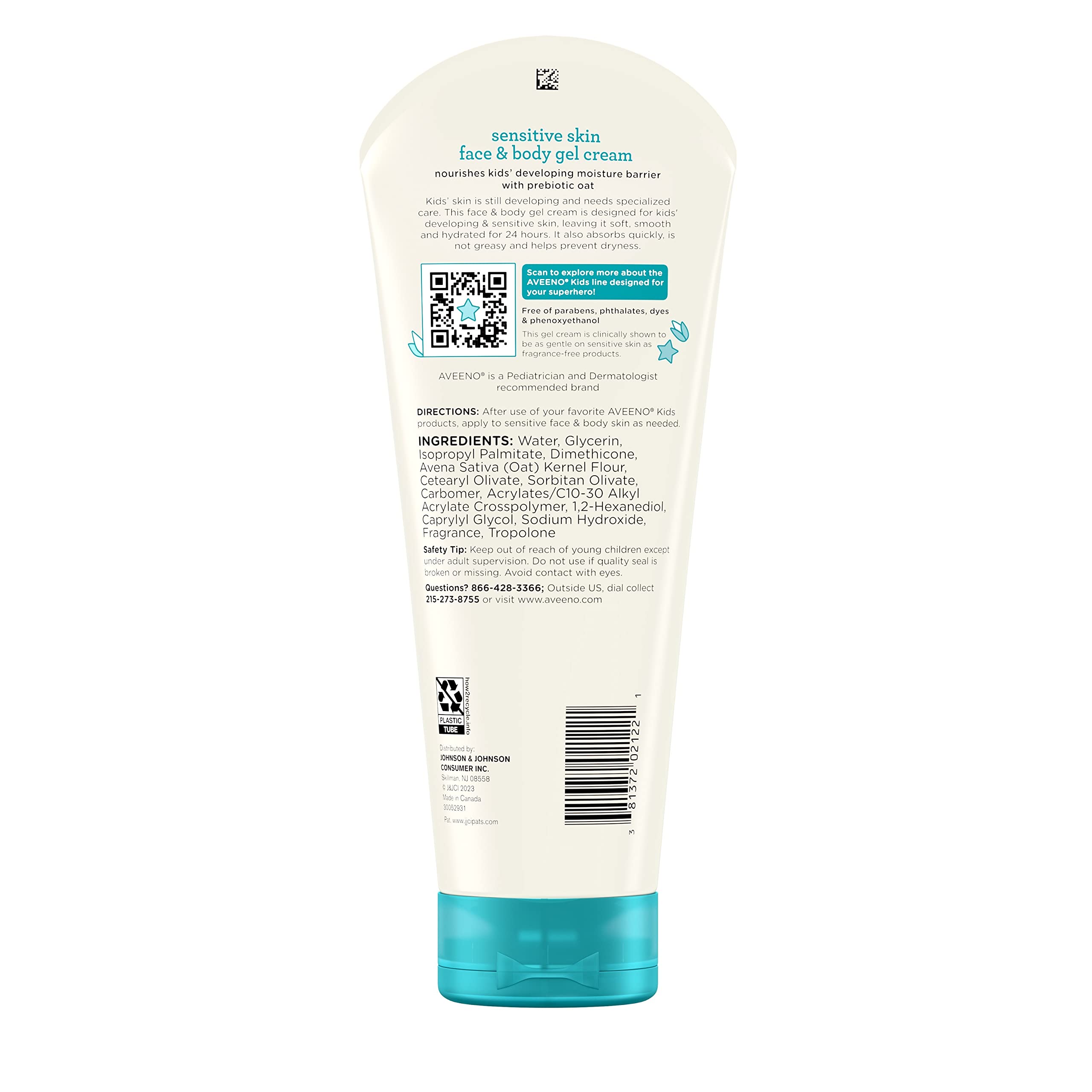 Aveeno Sensitive Skin Face & Body Gel Cream for Kids with Prebiotic Oat, Clinically Proven 24 Hour Hydration for Soft Skin