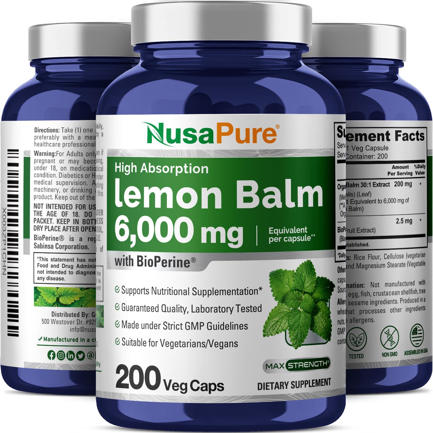 NusaPure Lemon Balm 30:1 Extract, 200 mg Equivalent to 6000mg Per Vegan Caps - 200 Count Non-GMO, Vegan Bioperine NusaPure Au supplements