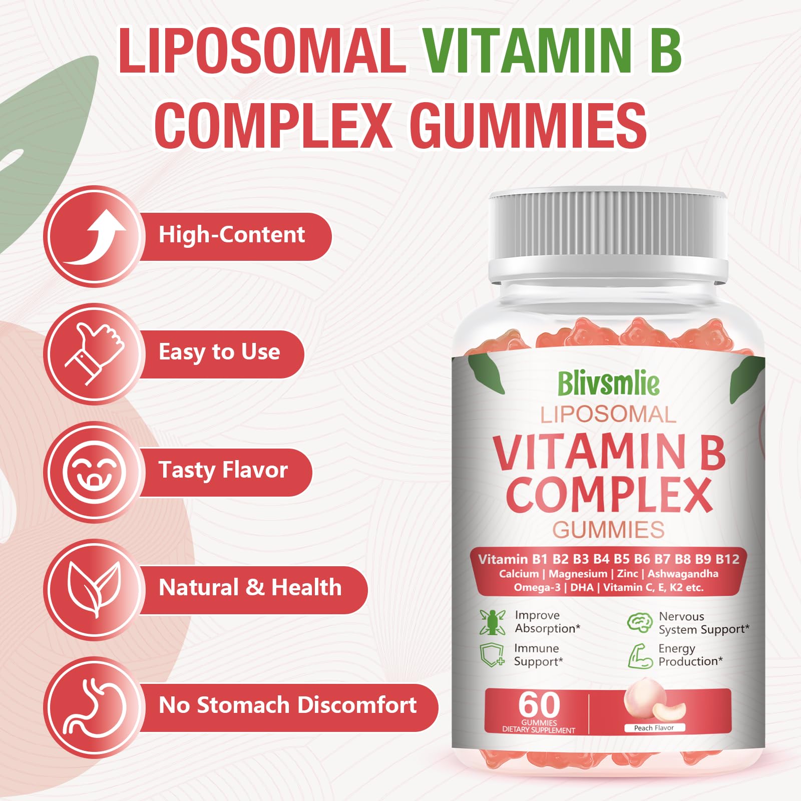 Blivsmlie 2 Pack 33-in-1 Liposomal Vitamin B Complex Gummies -B1, B2, B3, B4, B5, B6, B7, B8, B9,B12 | Vitamin C, D3,K2|Calcium,Magnesiun,Zinc etc.for Energy