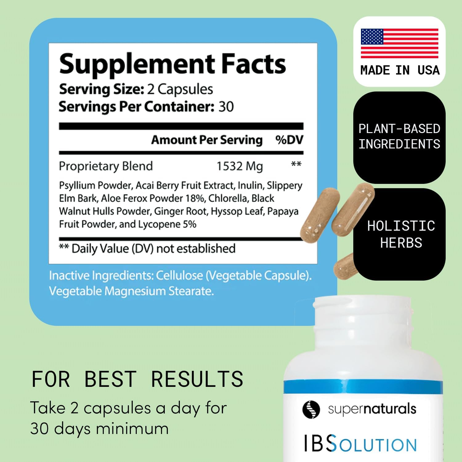 SuperNaturals IBSolution - Made in USA, Non-GMO, Gluten Free & Vegan (60 Capsules) - Digestive Gut Health Supplement With Psyllium Husk - Gas, Bloating, Diarrhea