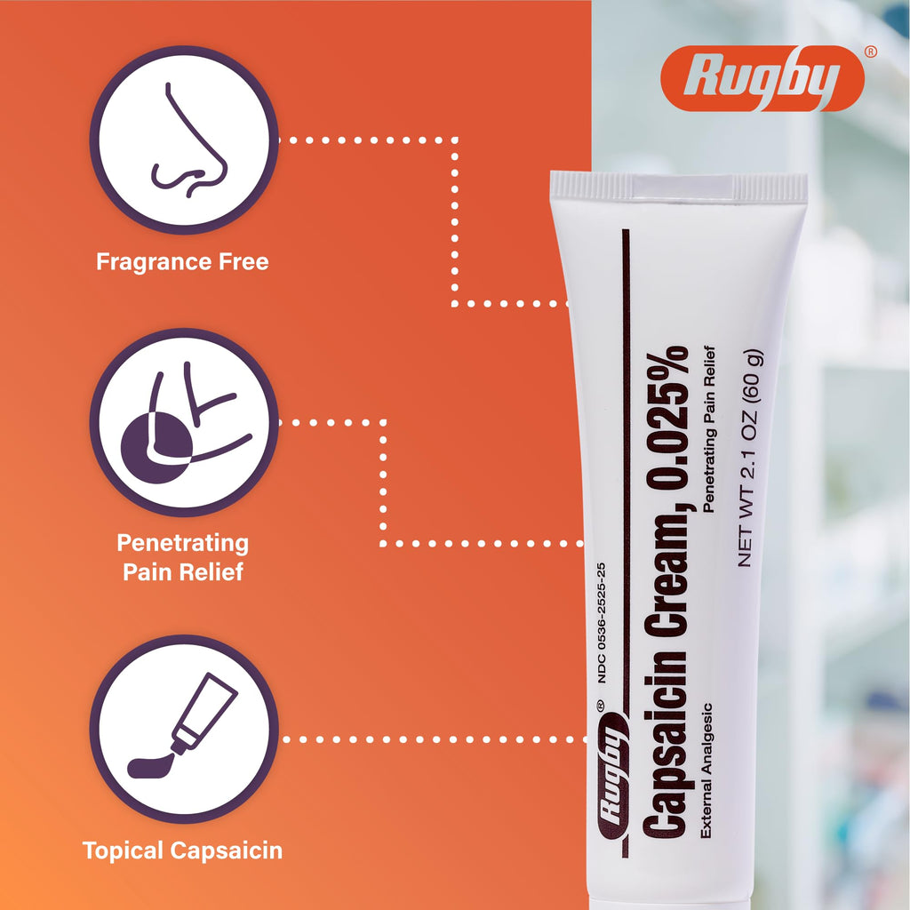 Rugby Capsaicin 0.025% Cream for Penetrating Pain Relief - 2.1 Oz (60g) (3 Pack) RUGBY LABORATORIES Au supplements