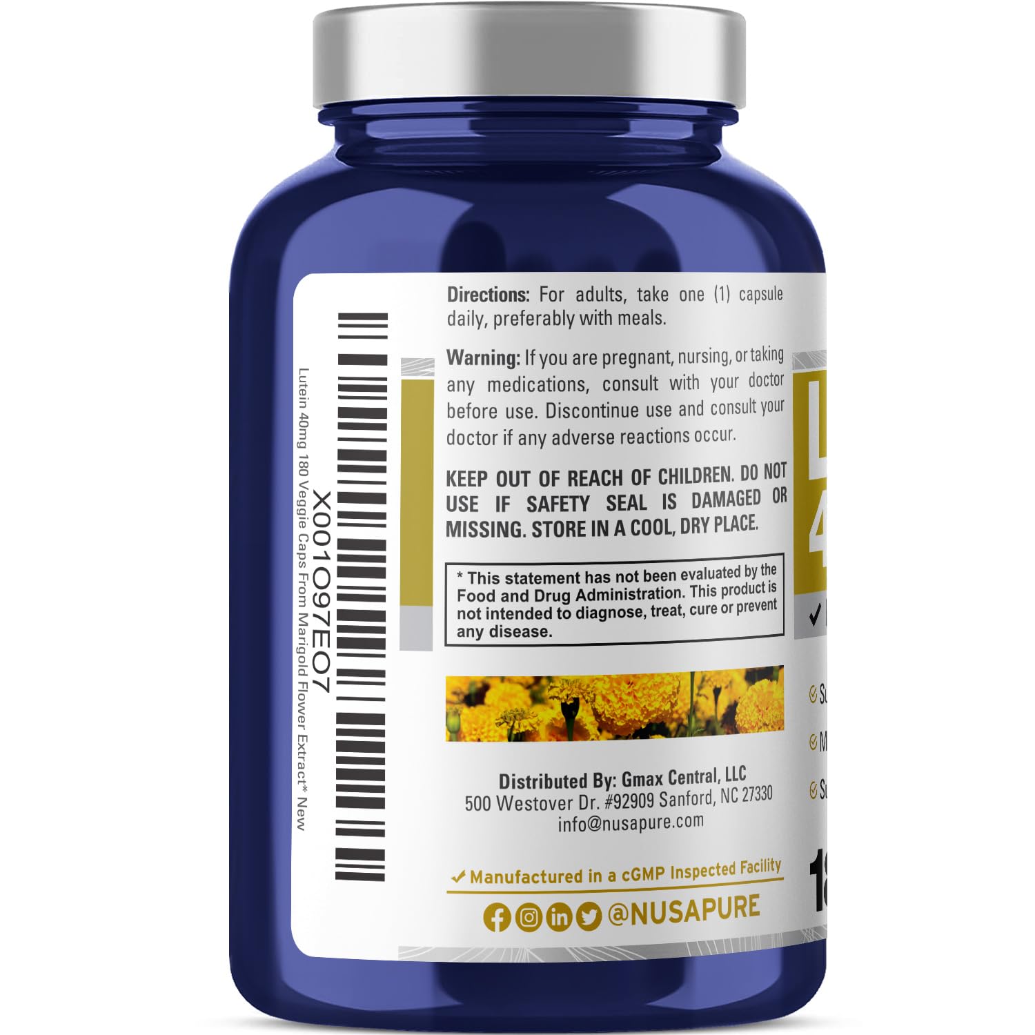 NusasPure Lutein - Suitable for Vegetarian/Vegan, Non - GMO - 40 mg - 180 Capsules NusaPure Au supplements