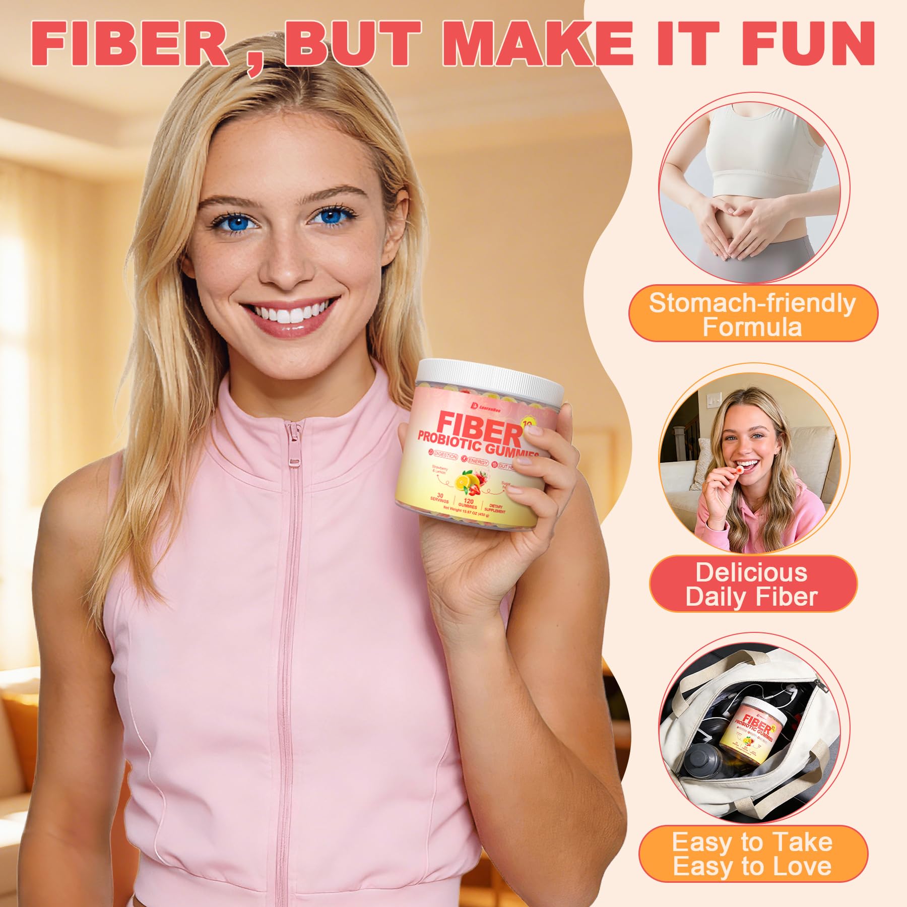 10g Fiber Gummies for Adults with Probiotics, Sugar Free Fiber Supplement with Organic Super Greens & Digestive Enzymes, Supports Gut Health,
